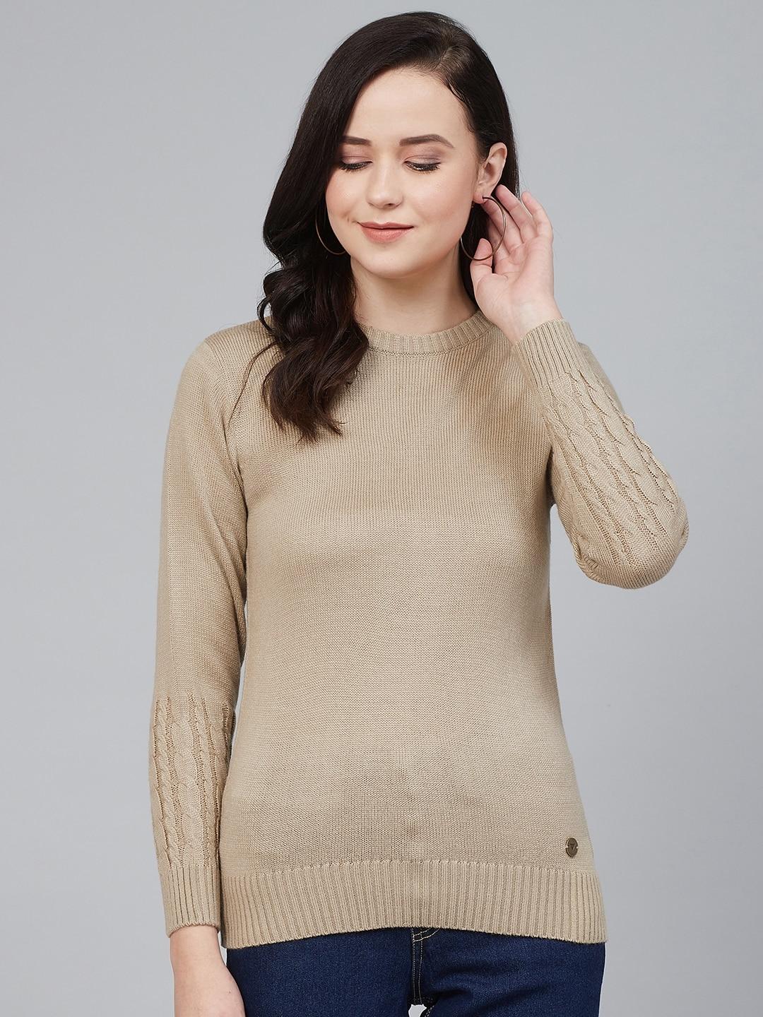 Cayman Women Beige Solid Pullover Acrylic Sweater