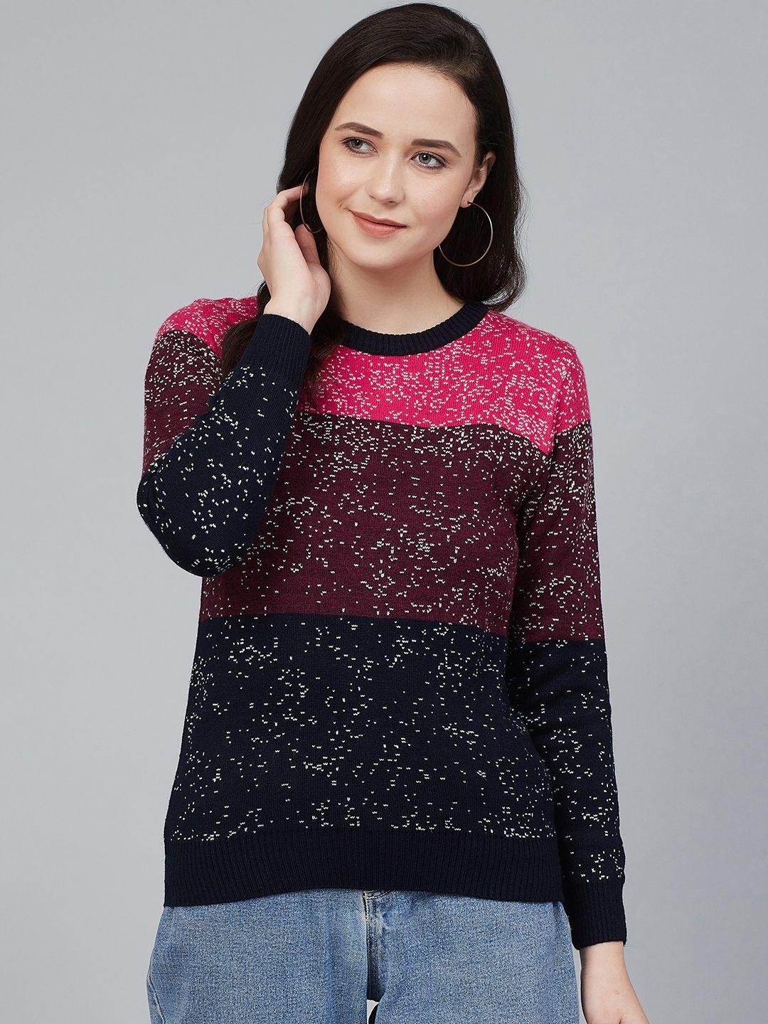 cayman-women-navy-blue-&-maroon-colourblocked-pullover-acrylic-sweater