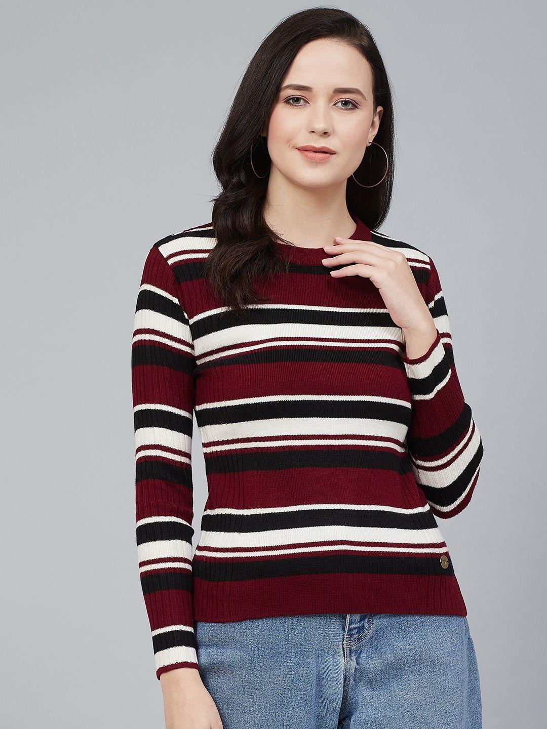 cayman-women-maroon-&-off-white-striped-pullover-acrylic-sweater
