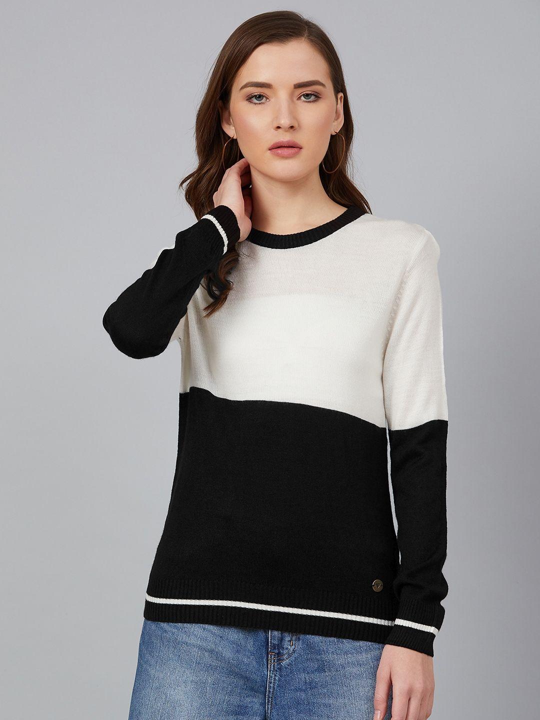 cayman-women-black-&-off-white-colourblocked-pullover-acrylic-sweater