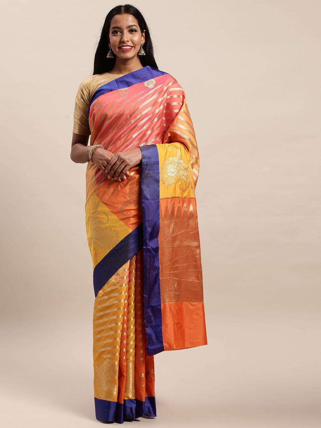 sangam-prints-orange-&-yellow-pure-silk-striped-handloom-saree