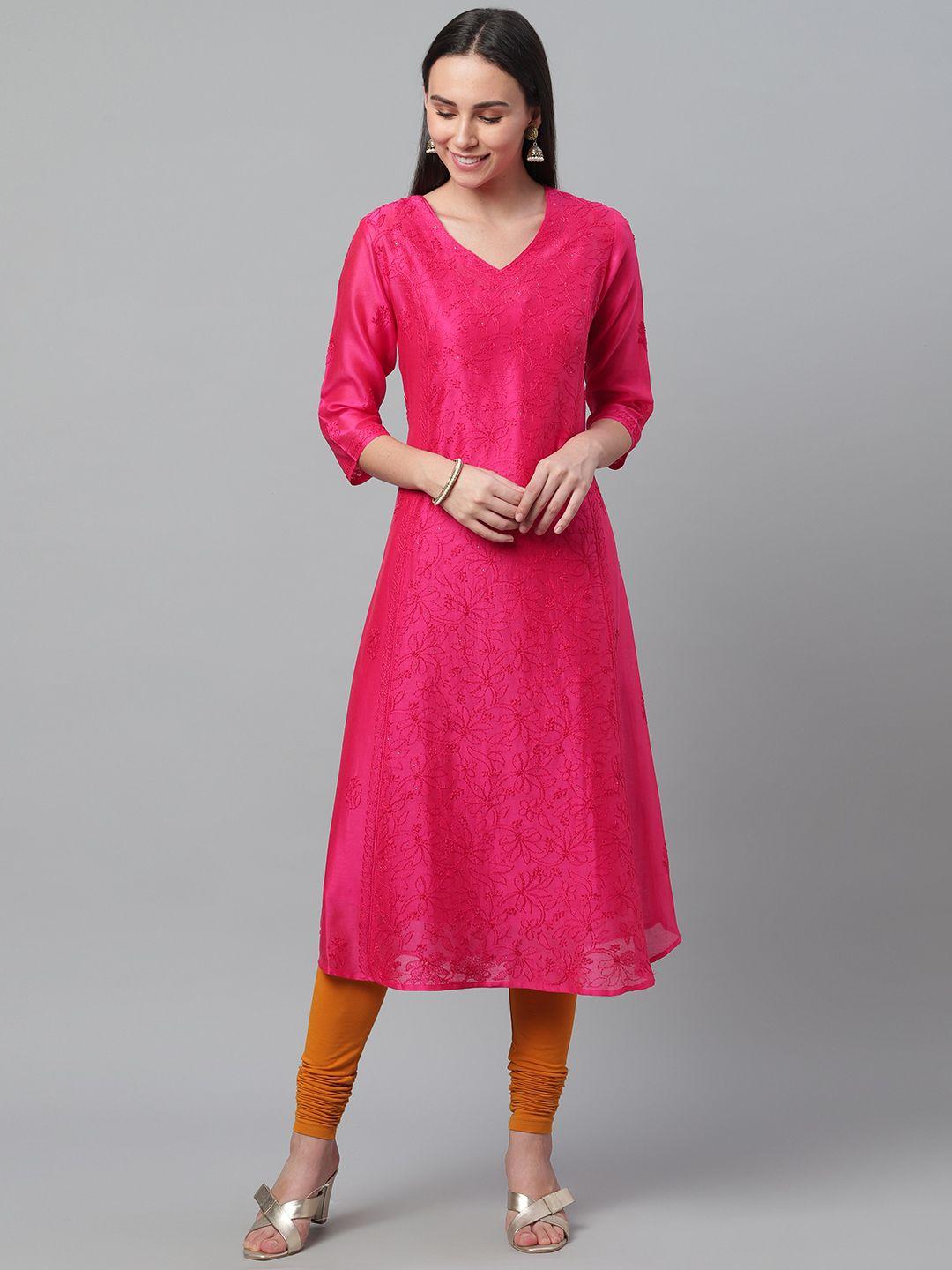 akheri-women-pink-chikankari-embroidered-chanderi-anarkali-kurta