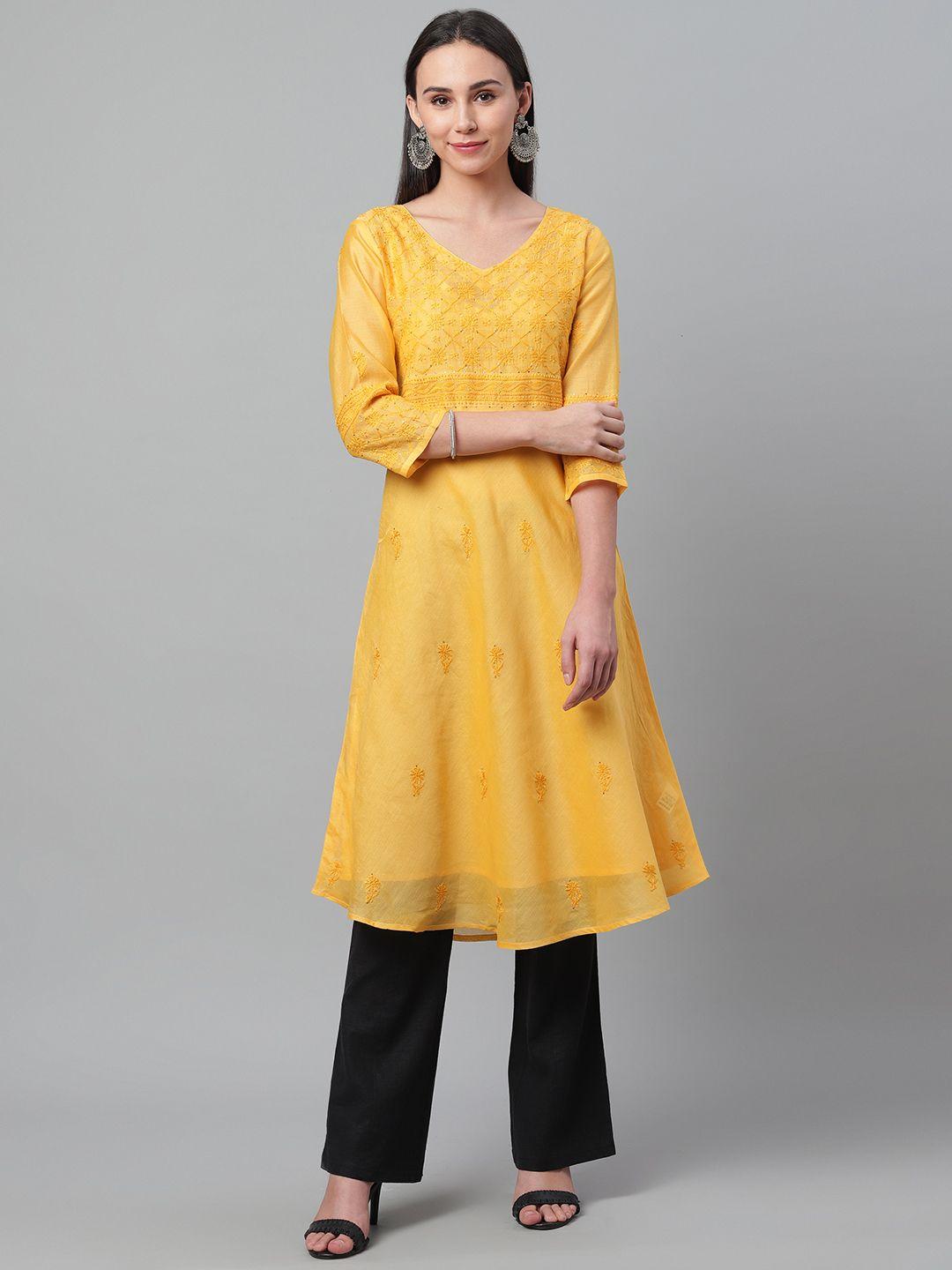 akheri-women-yellow-chikankari-embroidered-a-line-kurta