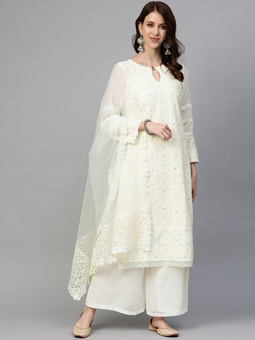 Readiprint Fashions Off-White Georgette Embroidered Semi-Stitched Dress Material