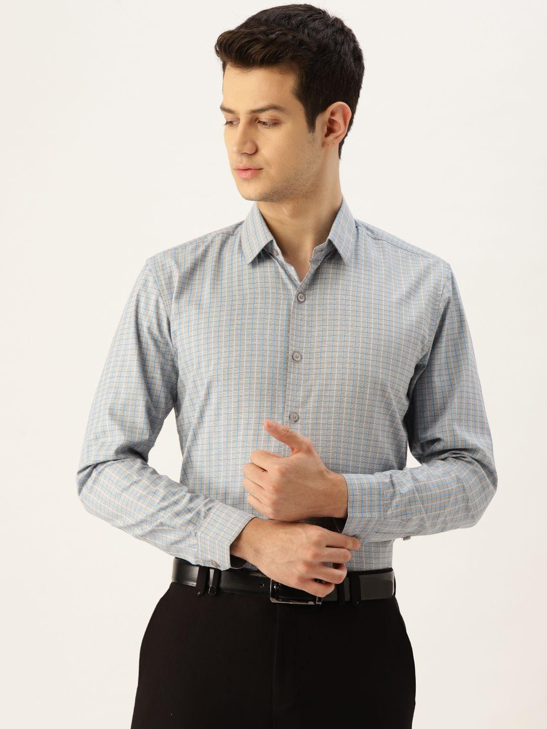 sojanya-men-grey-&-blue-classic-fit-checked-formal-shirt