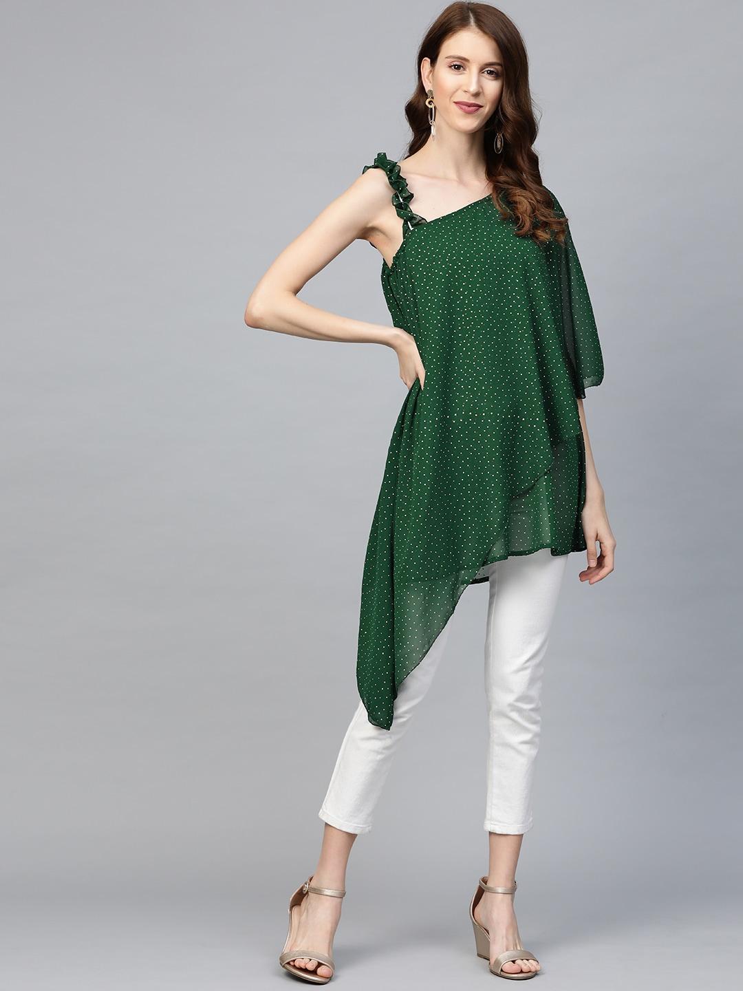 Ahalyaa Women Green & Golden Printed One Sleeve Asymmetric Layered Tunic