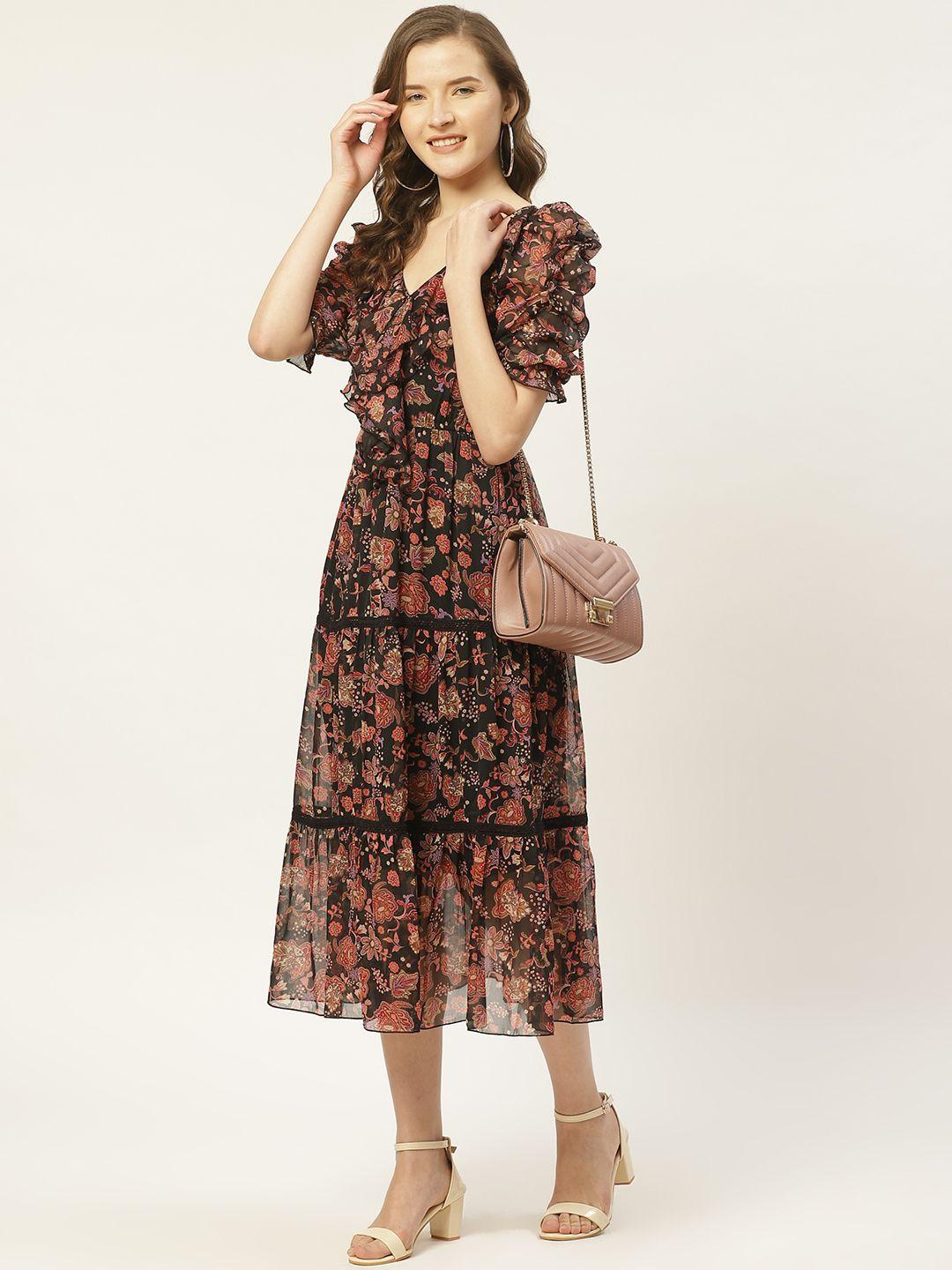 Antheaa Black & Rust Orange Floral Print Tiered Midi Fit & Flare Dress with Ruffles