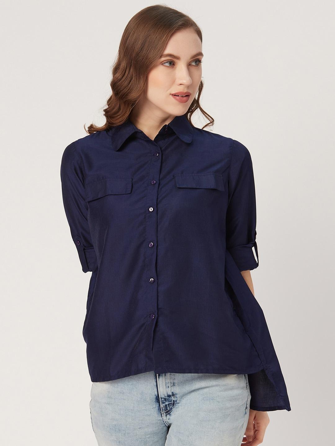 Style Quotient Women Navy Blue Classic Regular Fit Solid Casual Shirt