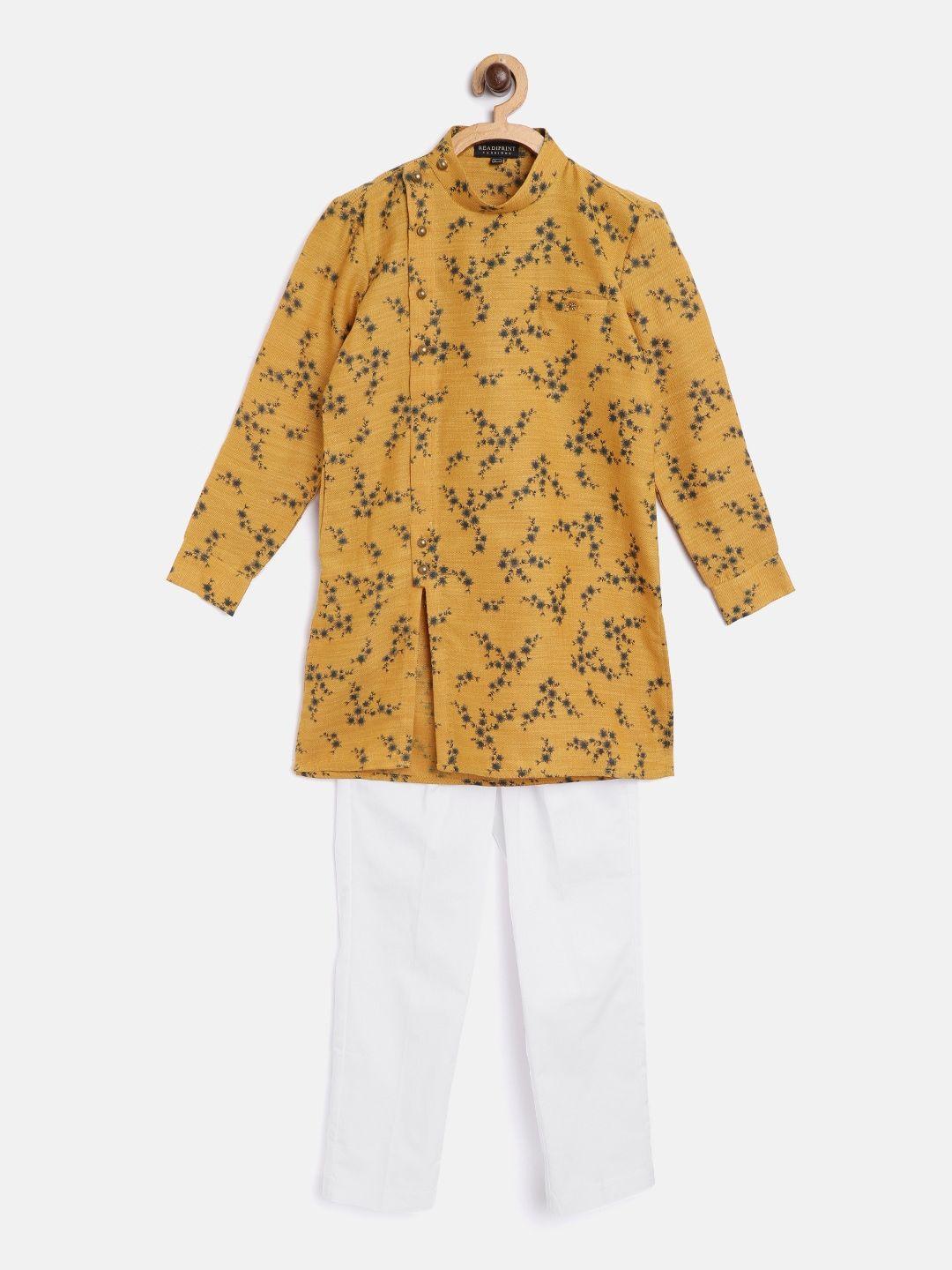 Readiprint Fashions Boys Mustard Yellow & White Floral Print Kurta with Solid Pyjamas