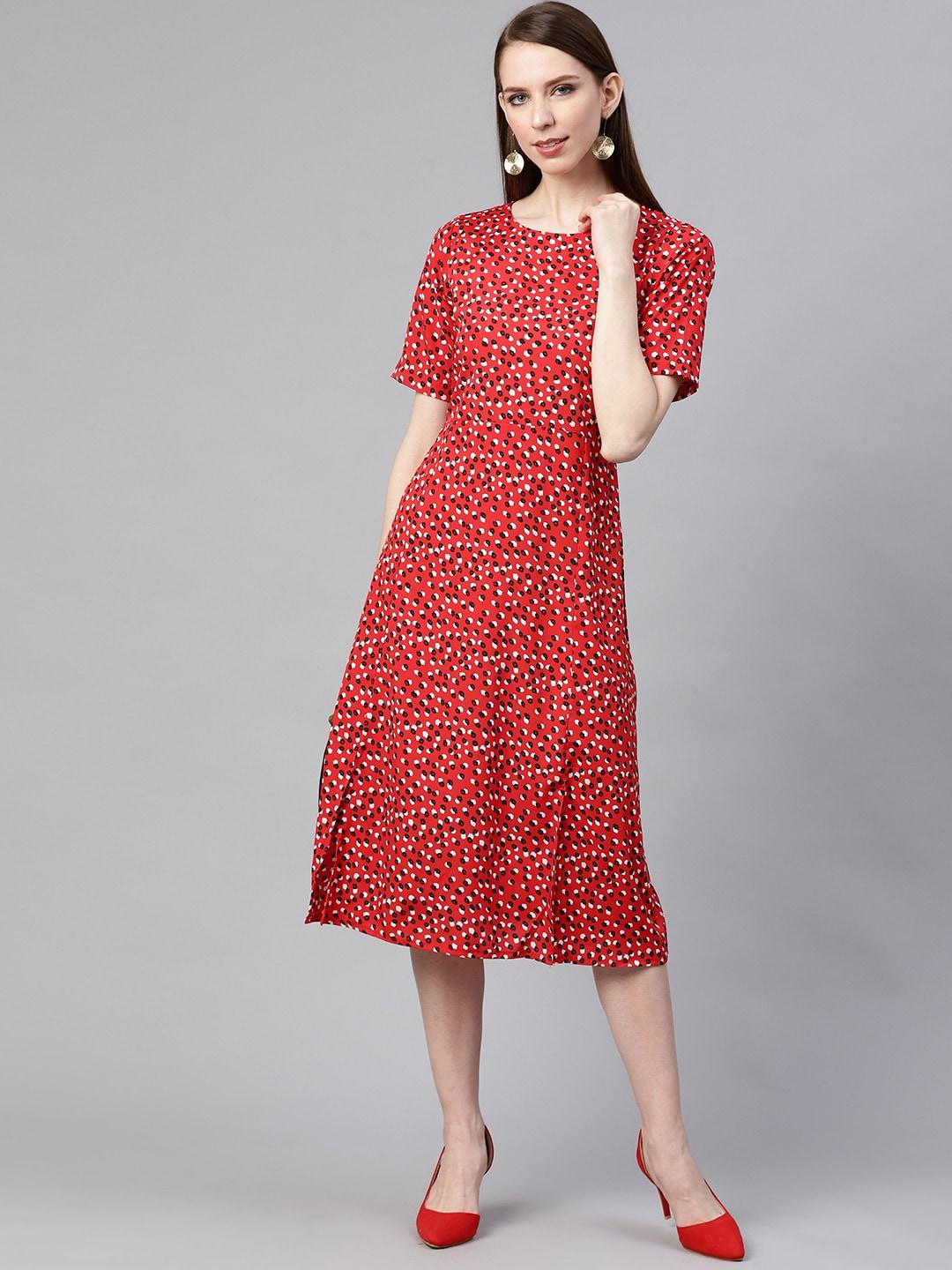 plusS Women Red & White Abstract Print A-Line Midi Dress
