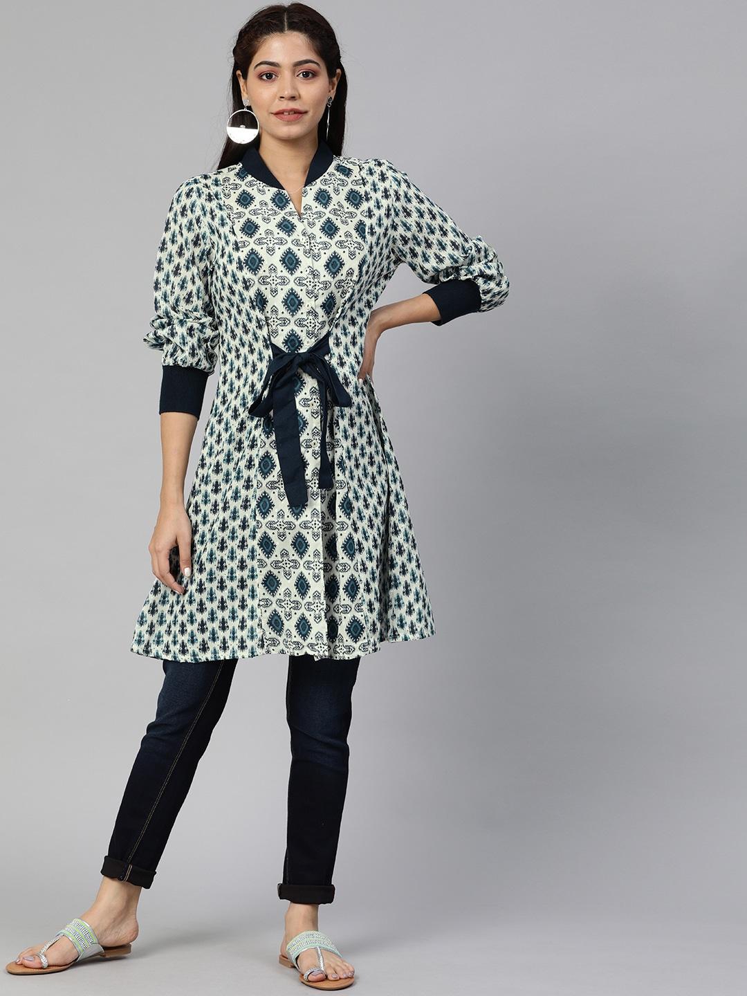 Global Desi Women's White & Blue Printed Panelled Tunic with Waist Tie-Ups