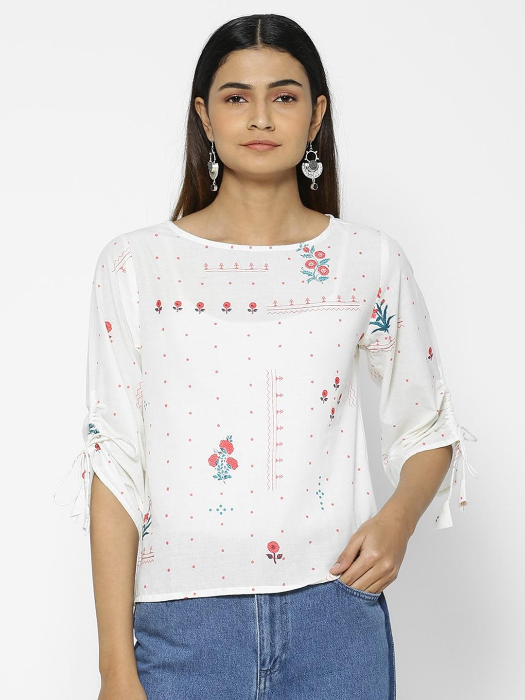 Saaki Women Off-White & Red Floral Printed Embroidered Top