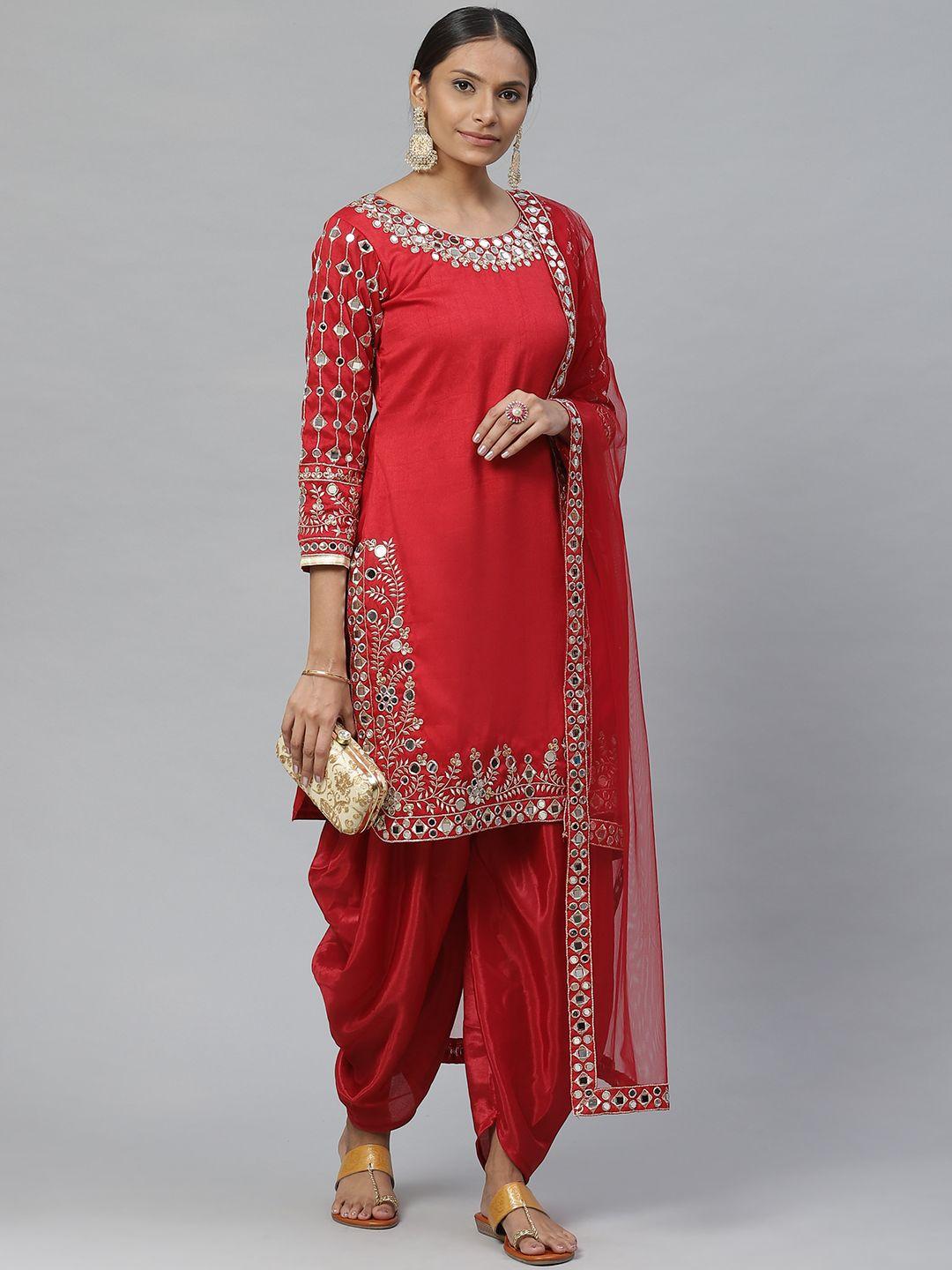 Readiprint Fashions Red Art Silk Semi-Stitched Dress Material