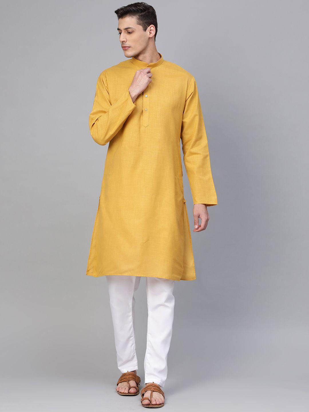 manq-men-mustard-yellow-&-white-solid-kurta-with-pyjamas