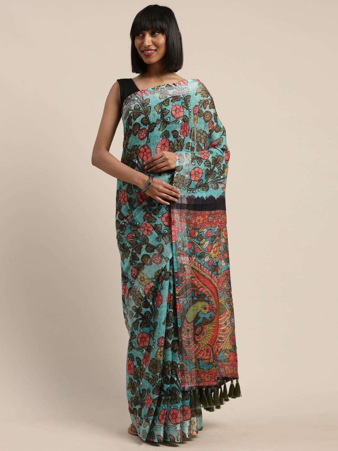 VASTRANAND Teal Blue & Green Linen Blend Kalamkari Printed Saree