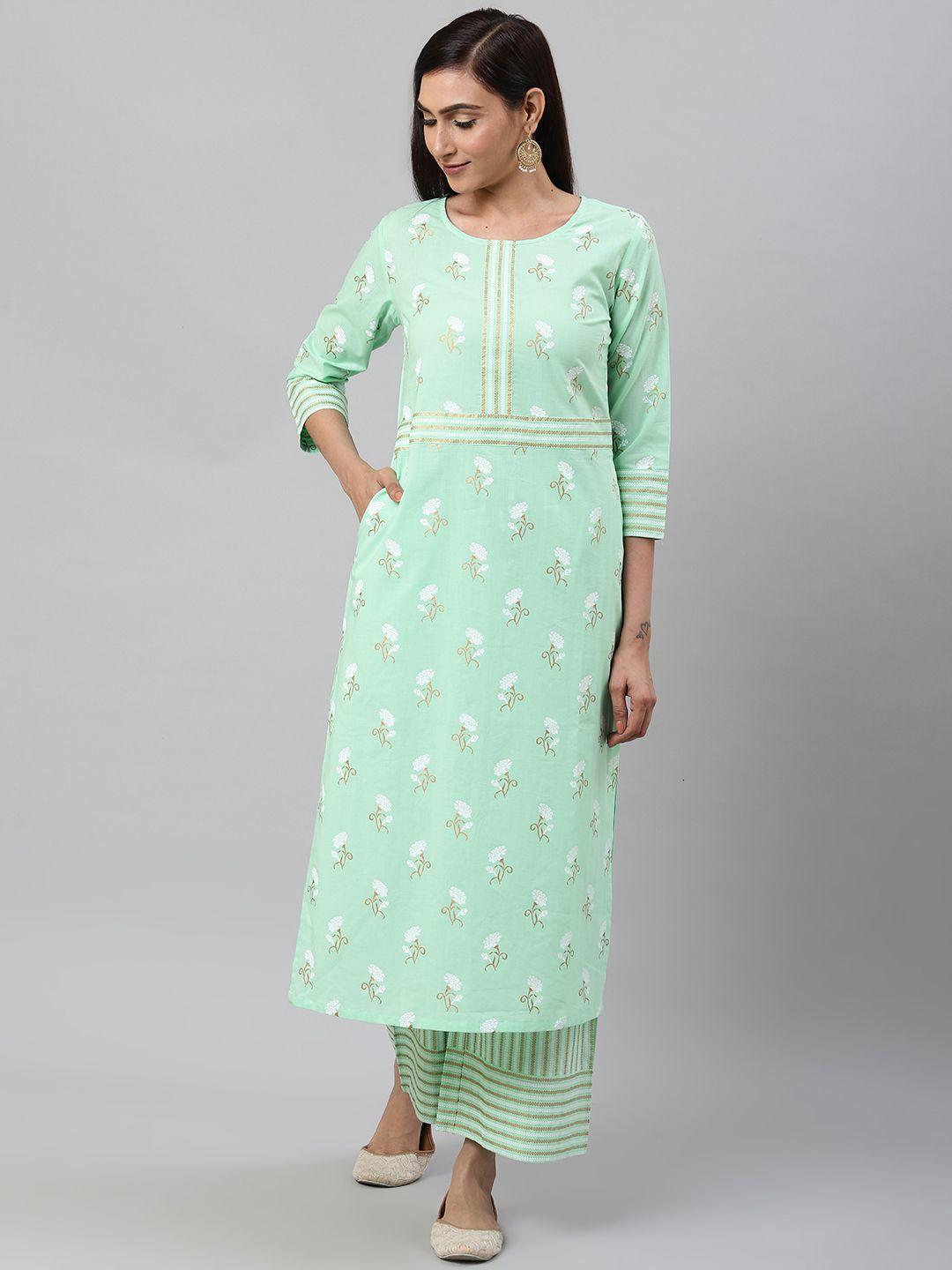 yash-gallery-women-sea-green-&-white-foil-print-kurta-with-palazzos