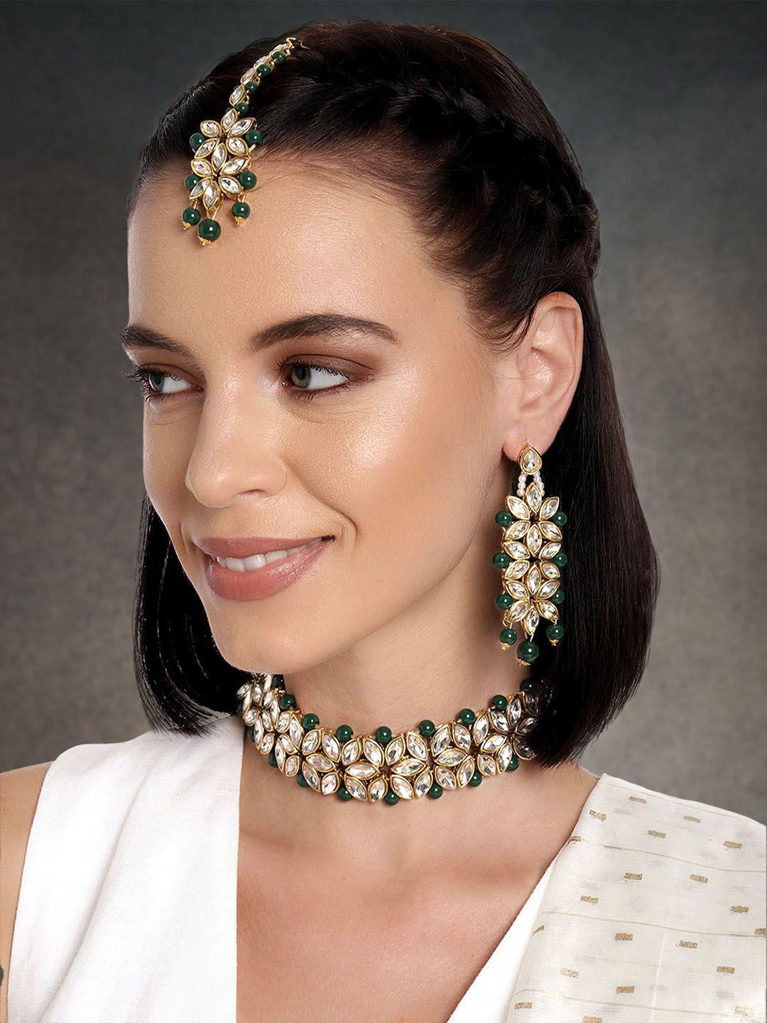 Peora Gold Plated & Green Kundan Bridal Jewellery Set