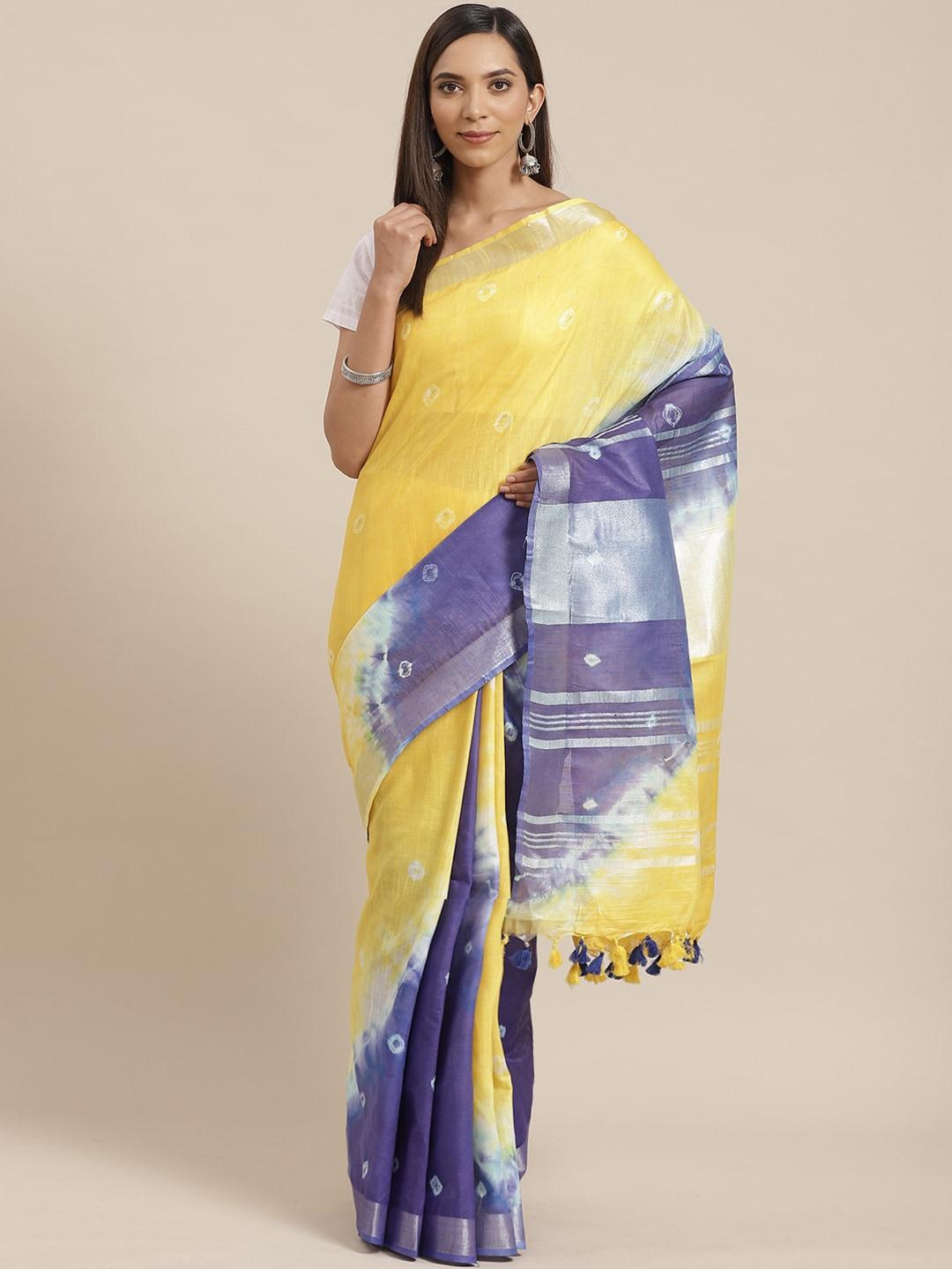 Kalakari India Yellow & Blue Dyed Bhagalpuri Handloom Sustainable Saree