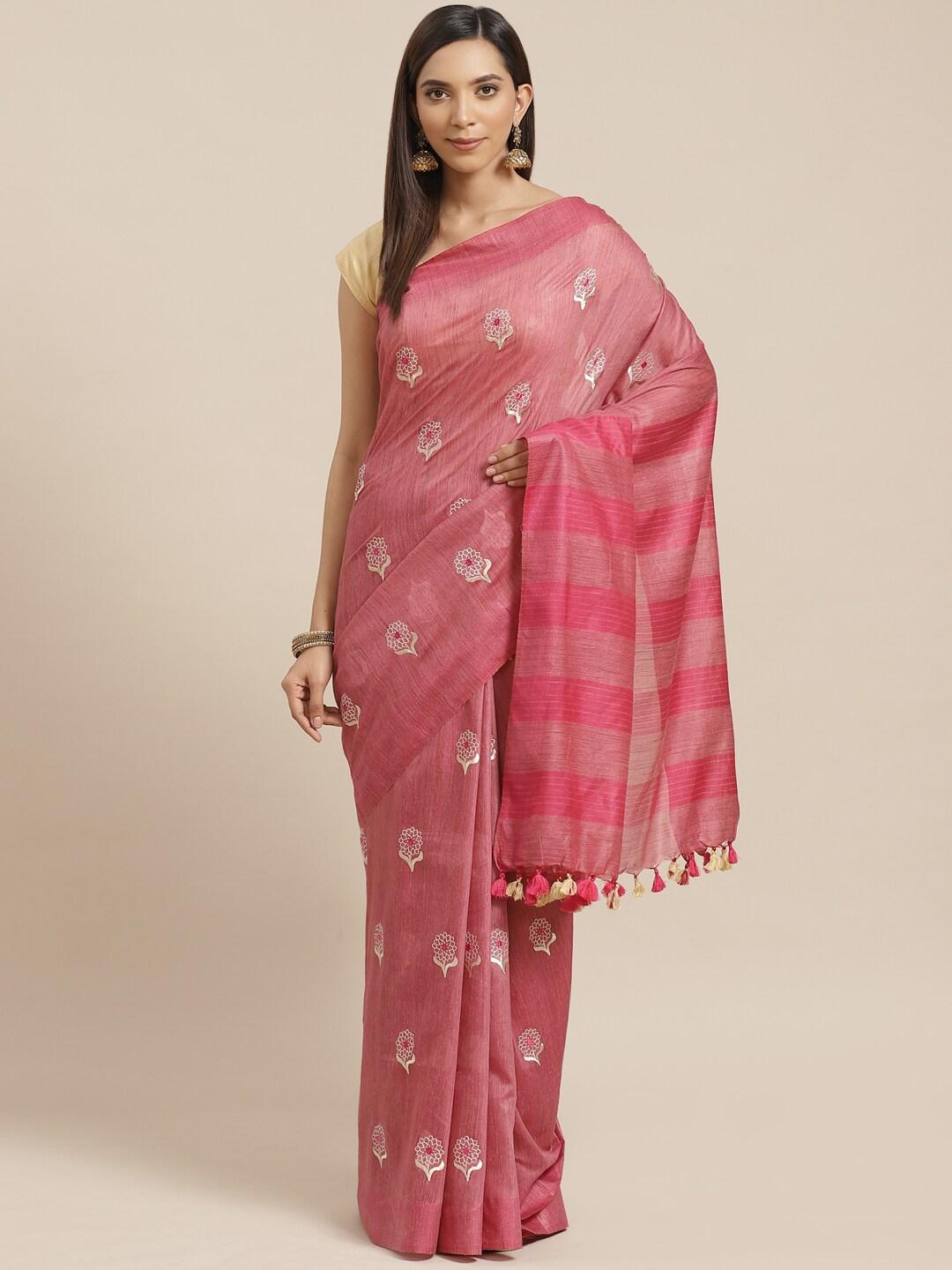 Kalakari India Pink & Off-White Handloom Embroidered Bhagalpuri Sustainable Saree