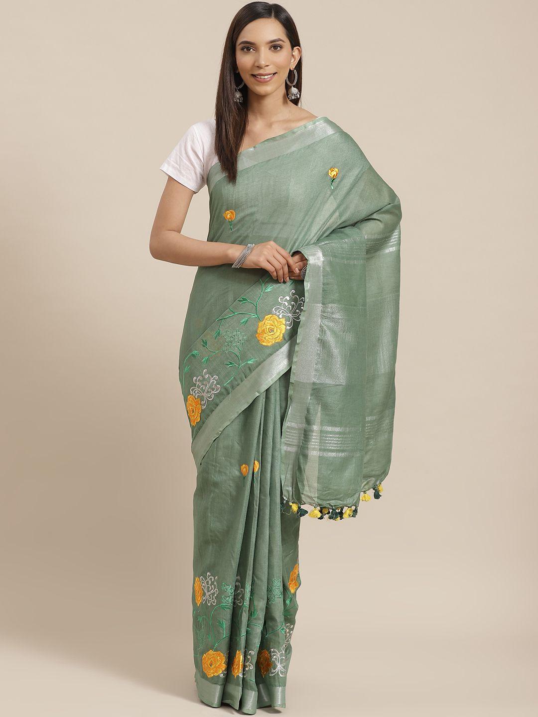 Kalakari India Green & Yellow Embroidered Handloom Bhagalpuri Sustainable Saree