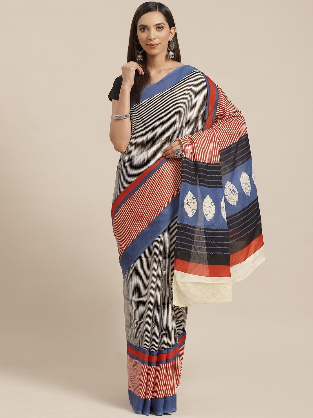 kalakari-india-beige-&-blue-handloom-pure-cotton-striped-with-block-print-sustainable-saree