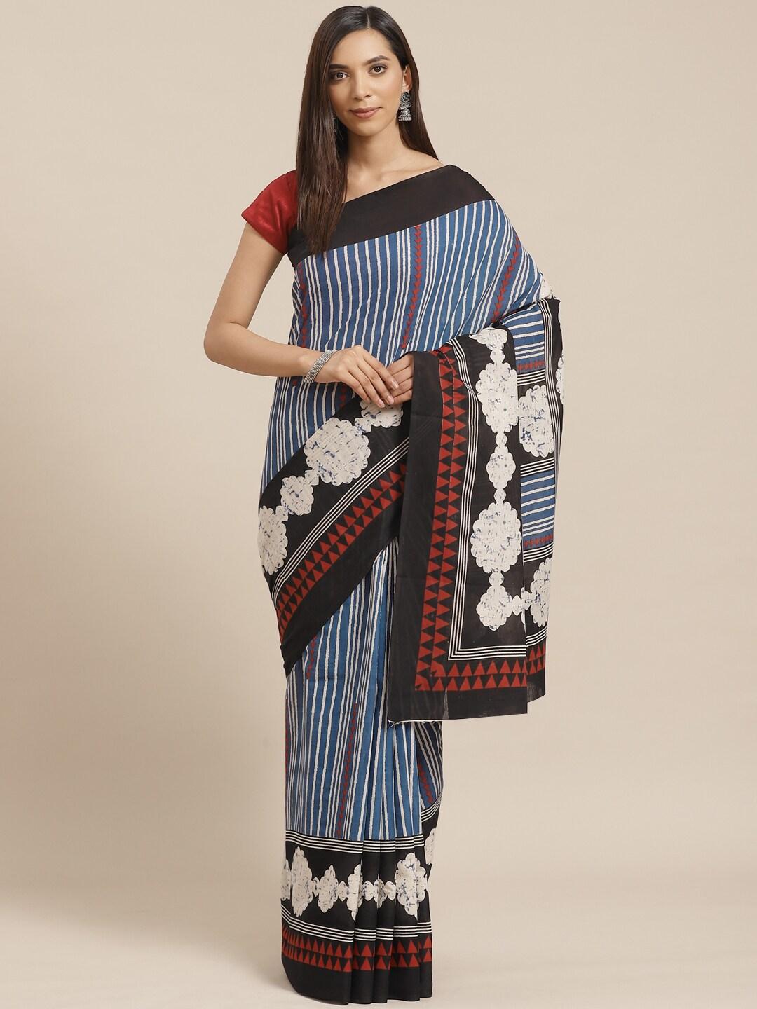 Kalakari India Blue & Off-White Handloom Pure Cotton Striped With Block Print Sustainable Saree