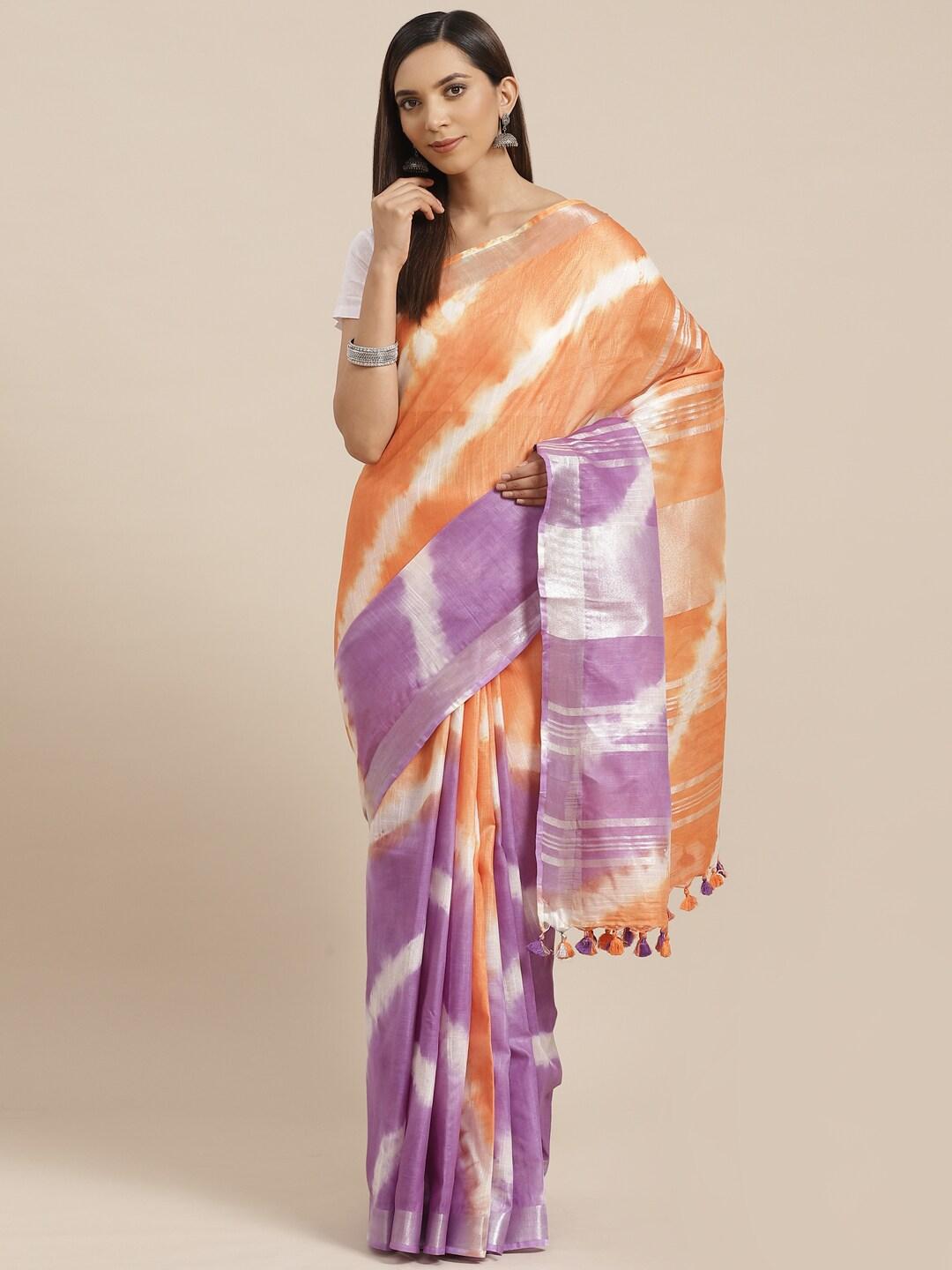 Kalakari India Orange & Purple Linen Blend Dyed Handloom Bhagalpuri Sustainable Saree