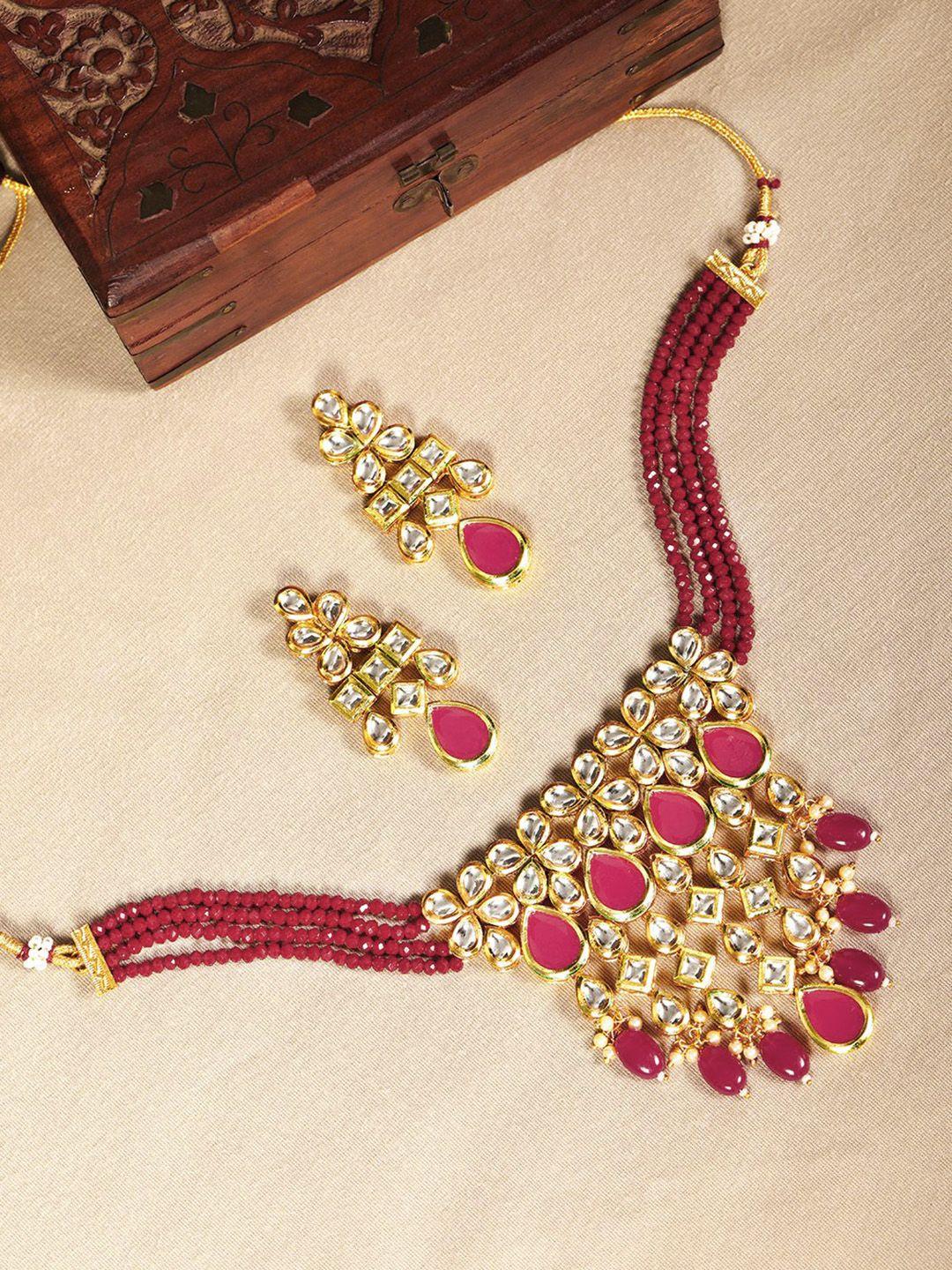 Priyaasi Maroon & Pink Gold-Plated Handcrafted Stone-Studded & Beaded Jewellery Set
