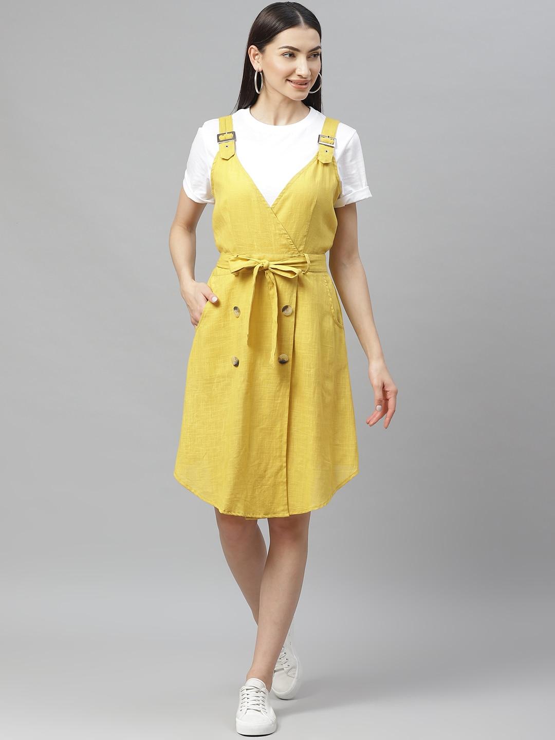 Myshka Women Mustard Yellow Solid Pinafore Dress