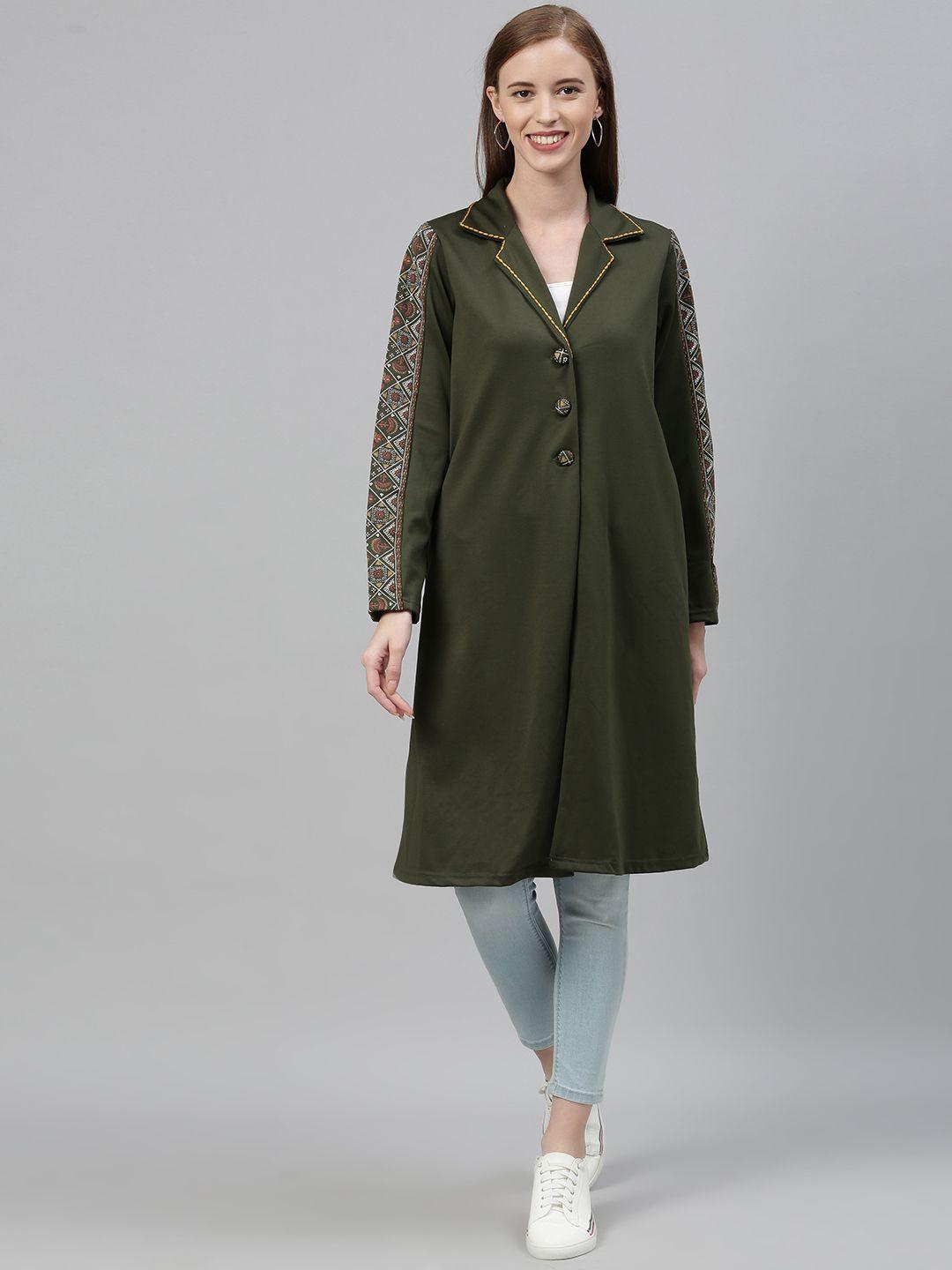 Global Desi Women Olive Green Solid Longline Tailored Jacket