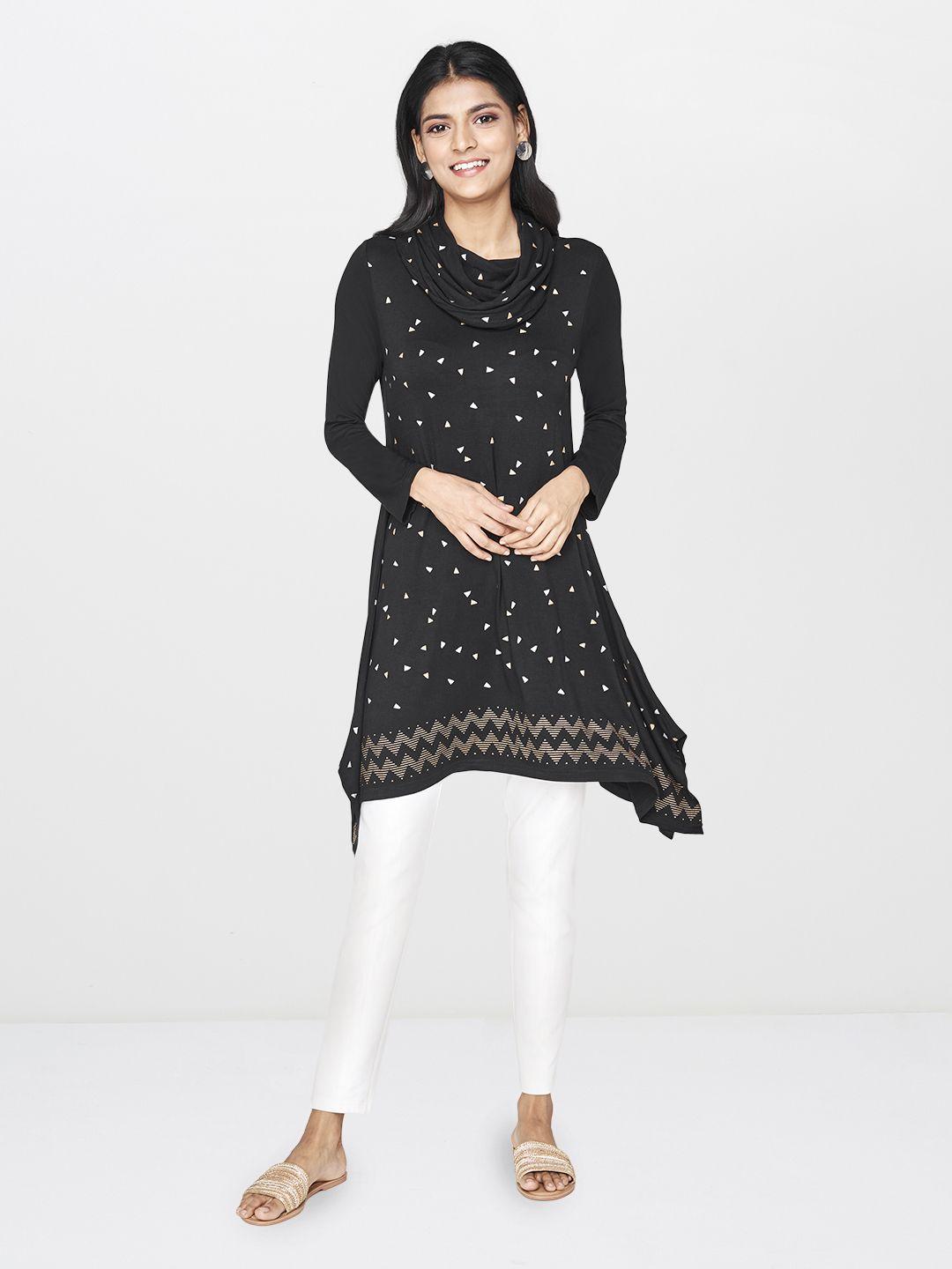 global-desi-women-black-&-gold-toned-printed-cowl-neck-a-line-knitted-kurti