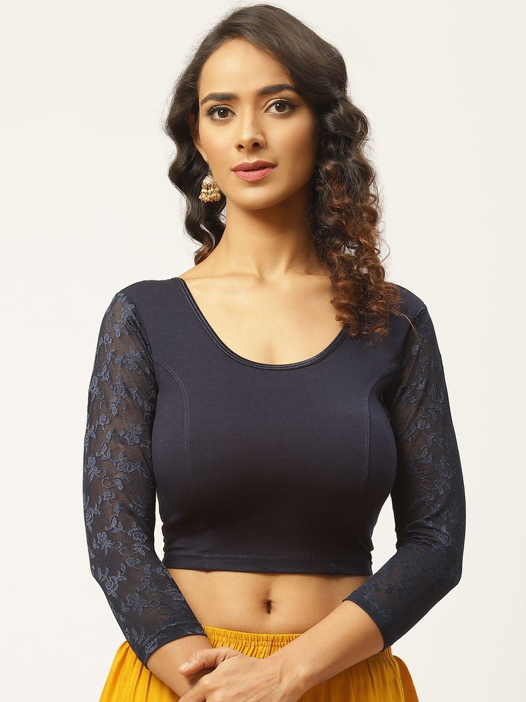 vastranand-women-navy-blue-cotton-solid-stretchable-saree-blouse-with-lace-detail