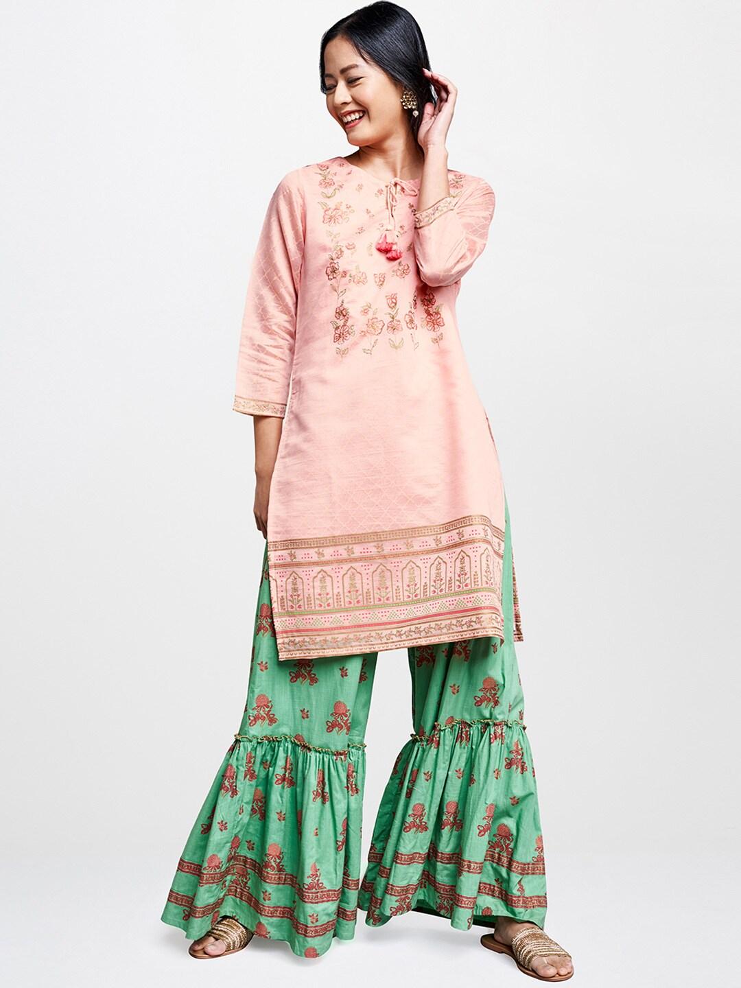 Global Desi Women Pink & Green Printed Straight Kurta with Sequined Detailing