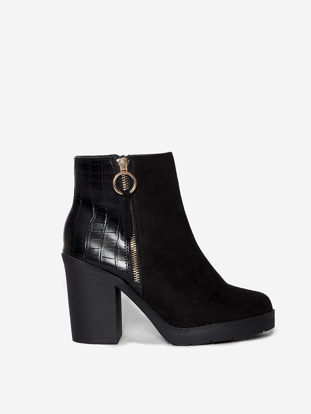 dorothy-perkins-women-black-solid-mid-top-wide-heeled-boots-with-croc-textured-detail