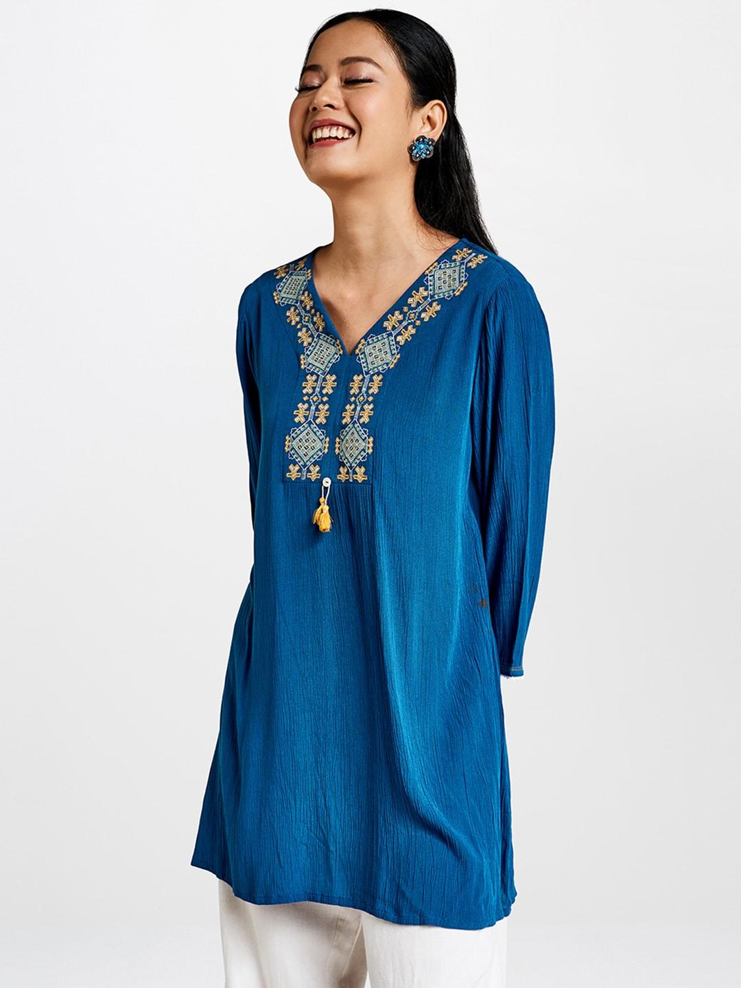 Global Desi Women Navy Blue Embroidered Tunic