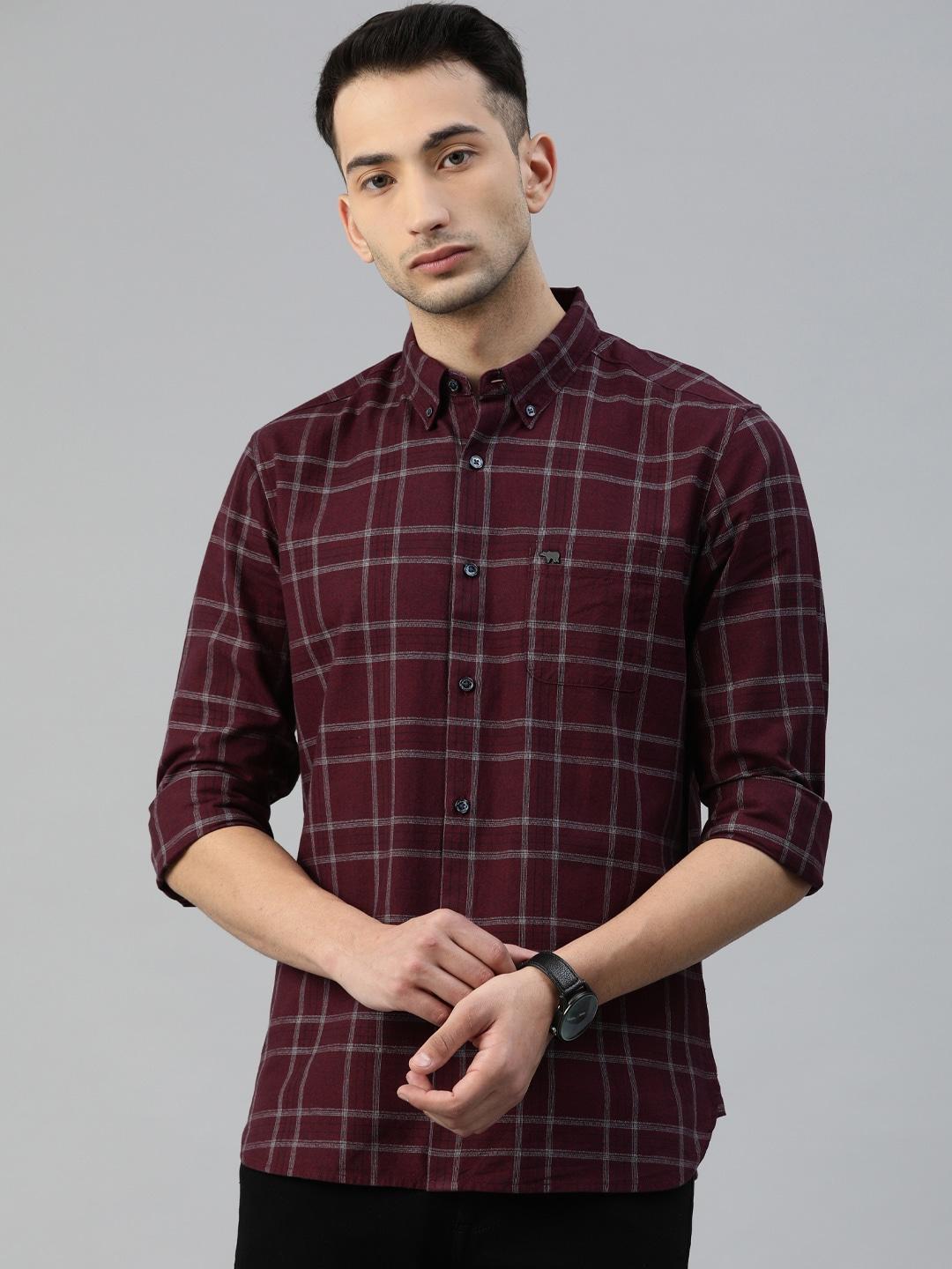 THE BEAR HOUSE Men Maroon & Grey Slim Fit Solid Casual Shirt
