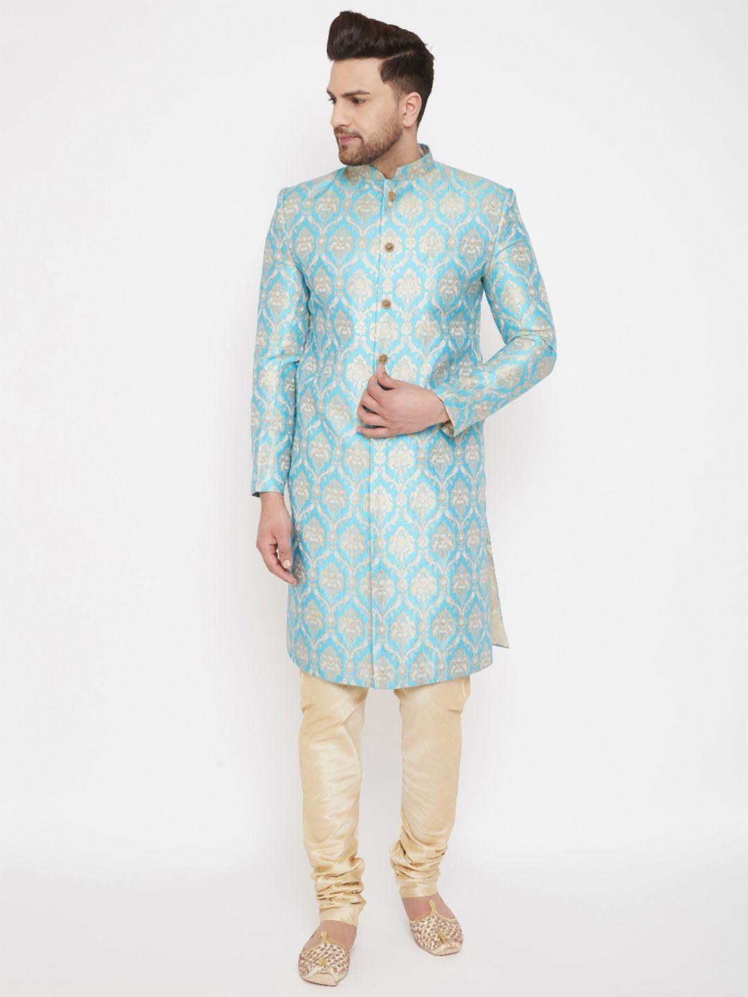 vastramay-men-sea-green-&-gold-coloured-slim-fit-brocade-woven-design-sherwani-set