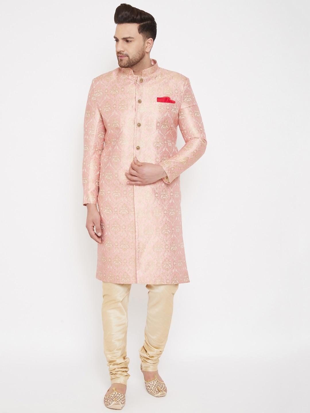 vastramay-men-pink-&-gold-coloured-slim-fit-brocade-woven-design-sherwani-set