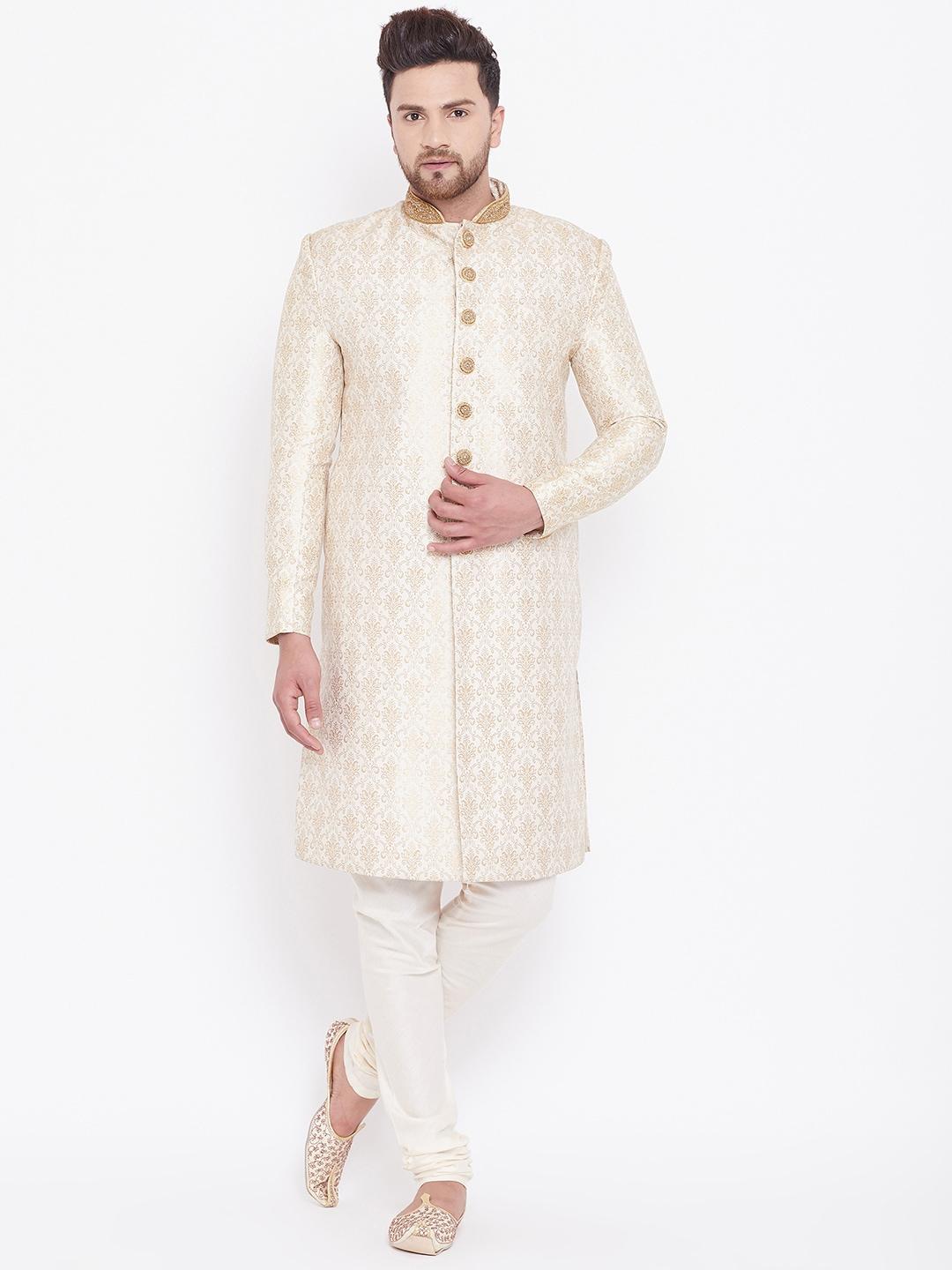 vastramay-men-cream-coloured-&-gold-coloured-brocade-zardozi-woven-design-sherwani-set