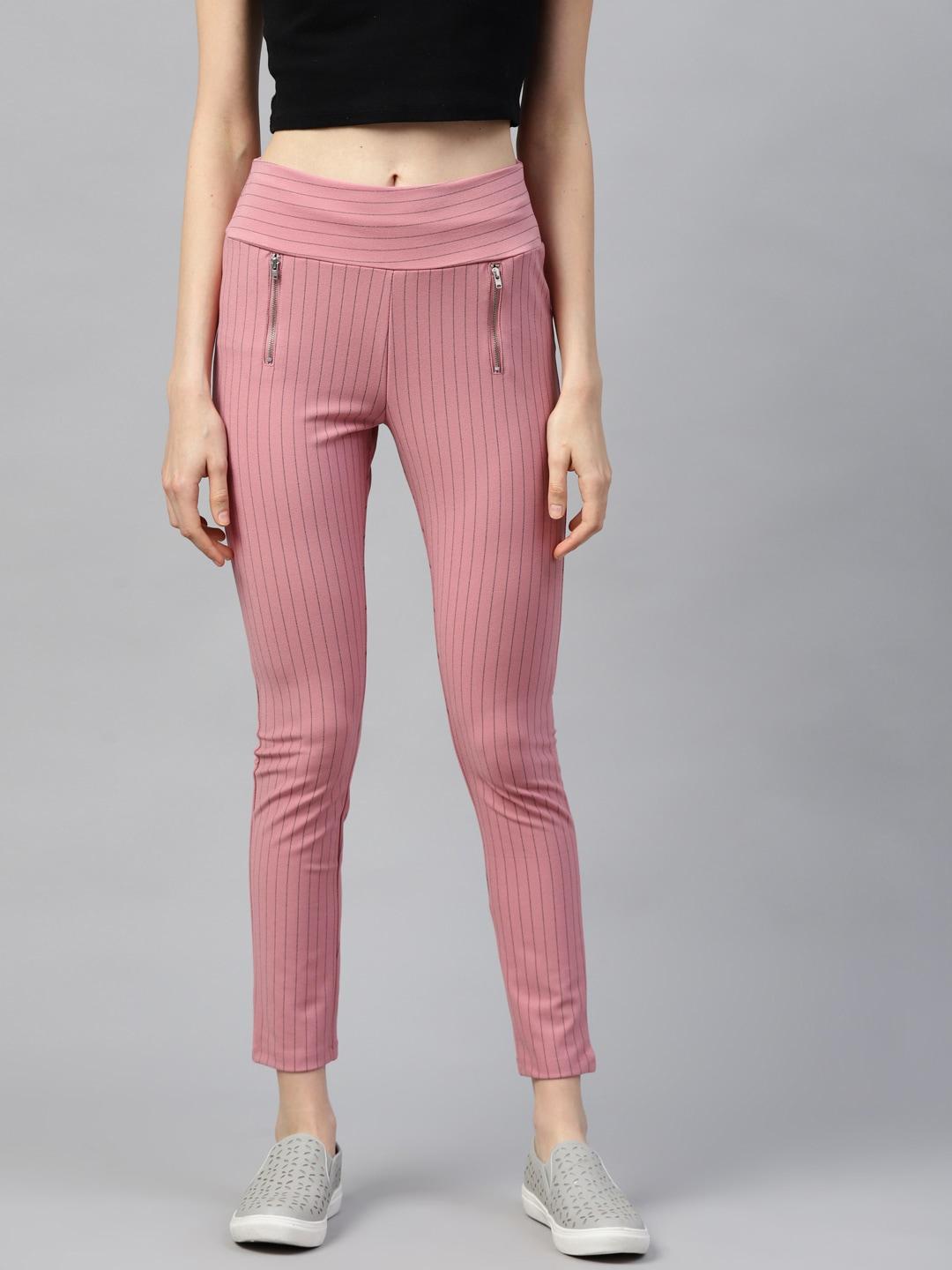 SASSAFRAS Women Pink & Black Striped Slim Fit Jeggings