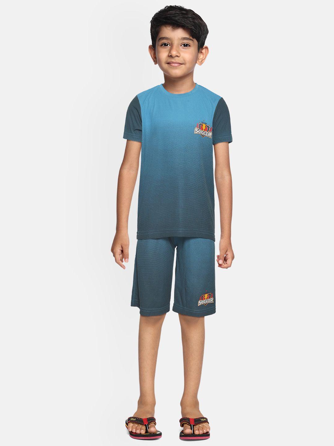 Sweet Dreams Boys Blue Self Checked Ombre Dyed Sports Tshirt with Shorts