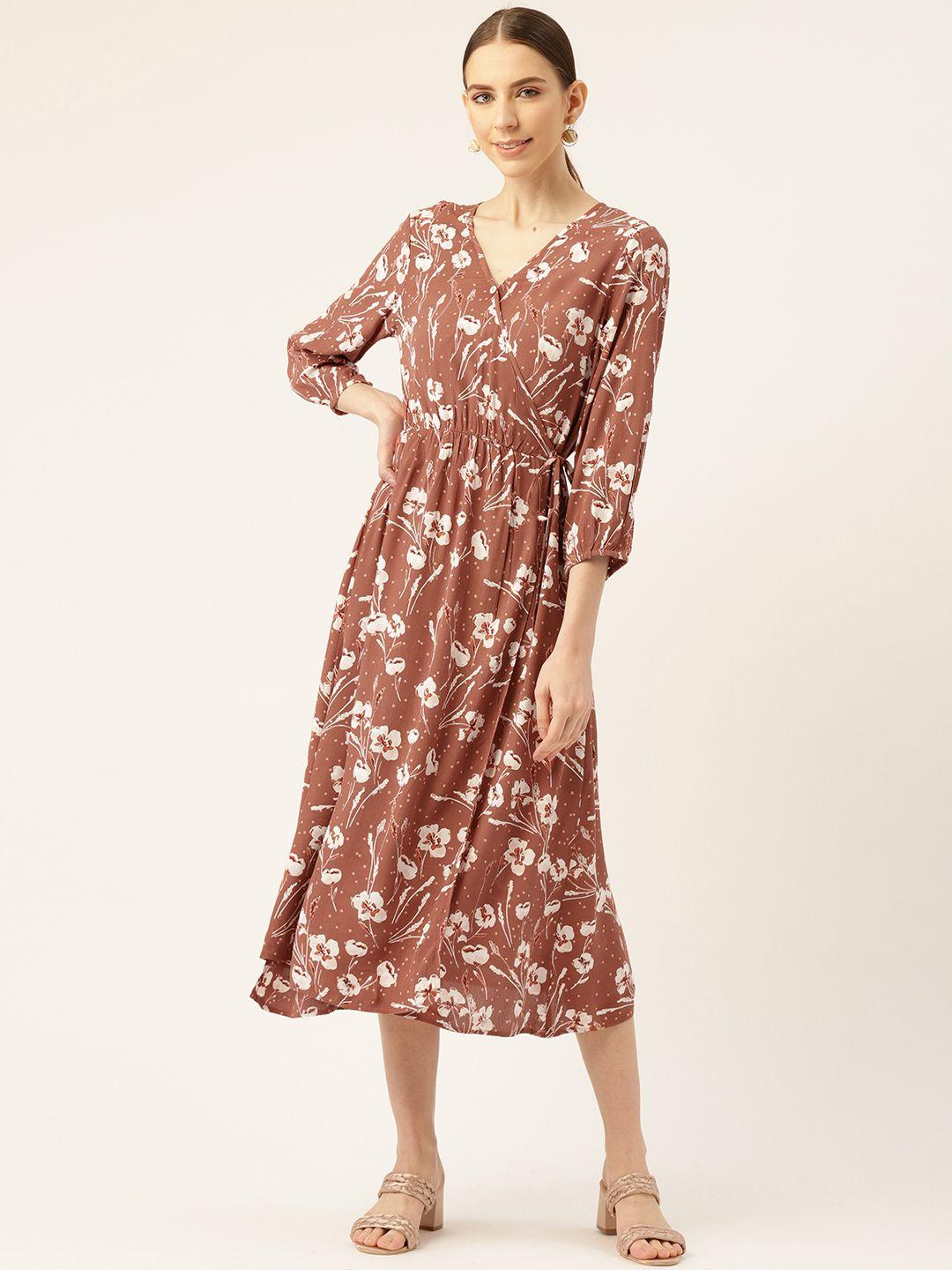 Off Label Women Brown & White Floral Printed Wrap Dress