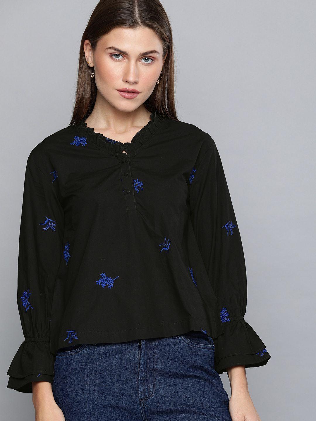 chemistry-women-black-embroidered-pure-cotton-top