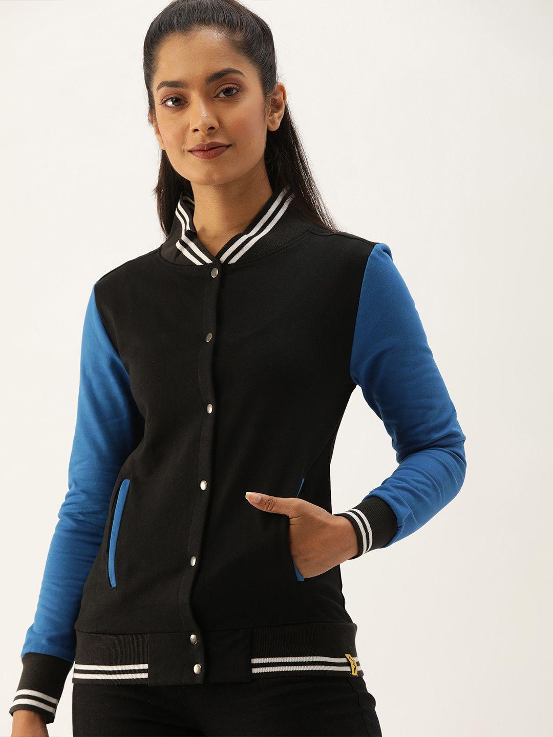 Campus Sutra Women Black & Blue Colourblocked Varsity Jacket