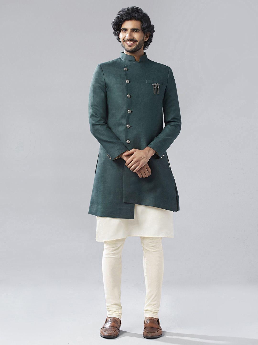 KISAH Men Green & White Solid Sherwani Set
