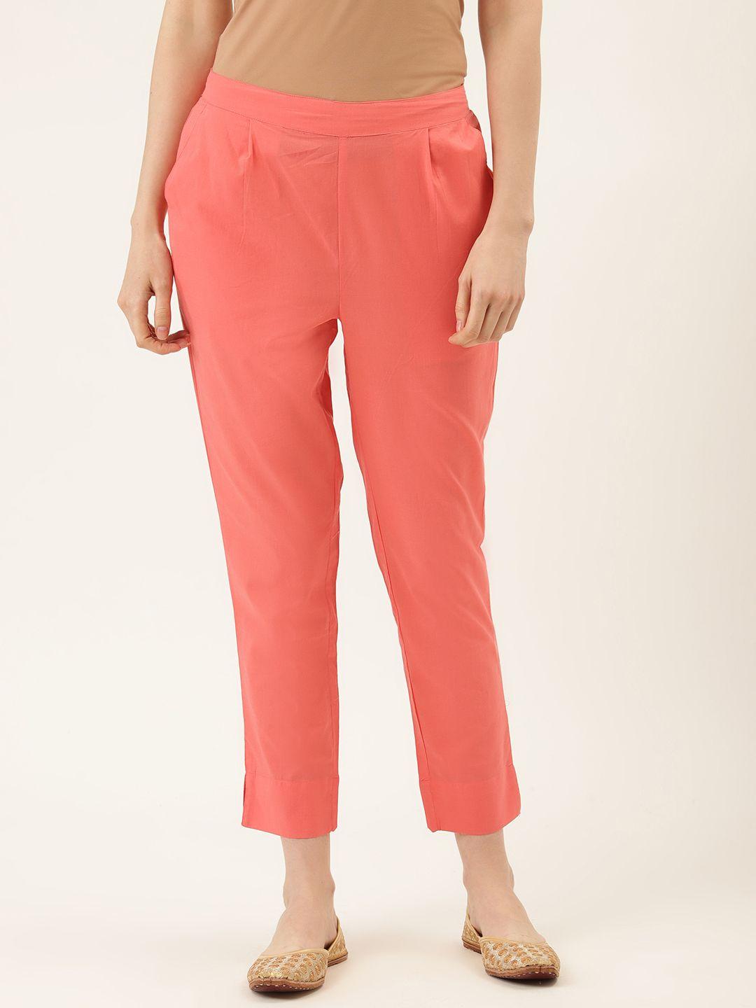 jaipur-kurti-women-coral-pink-solid-regular-fit-cropped-trousers