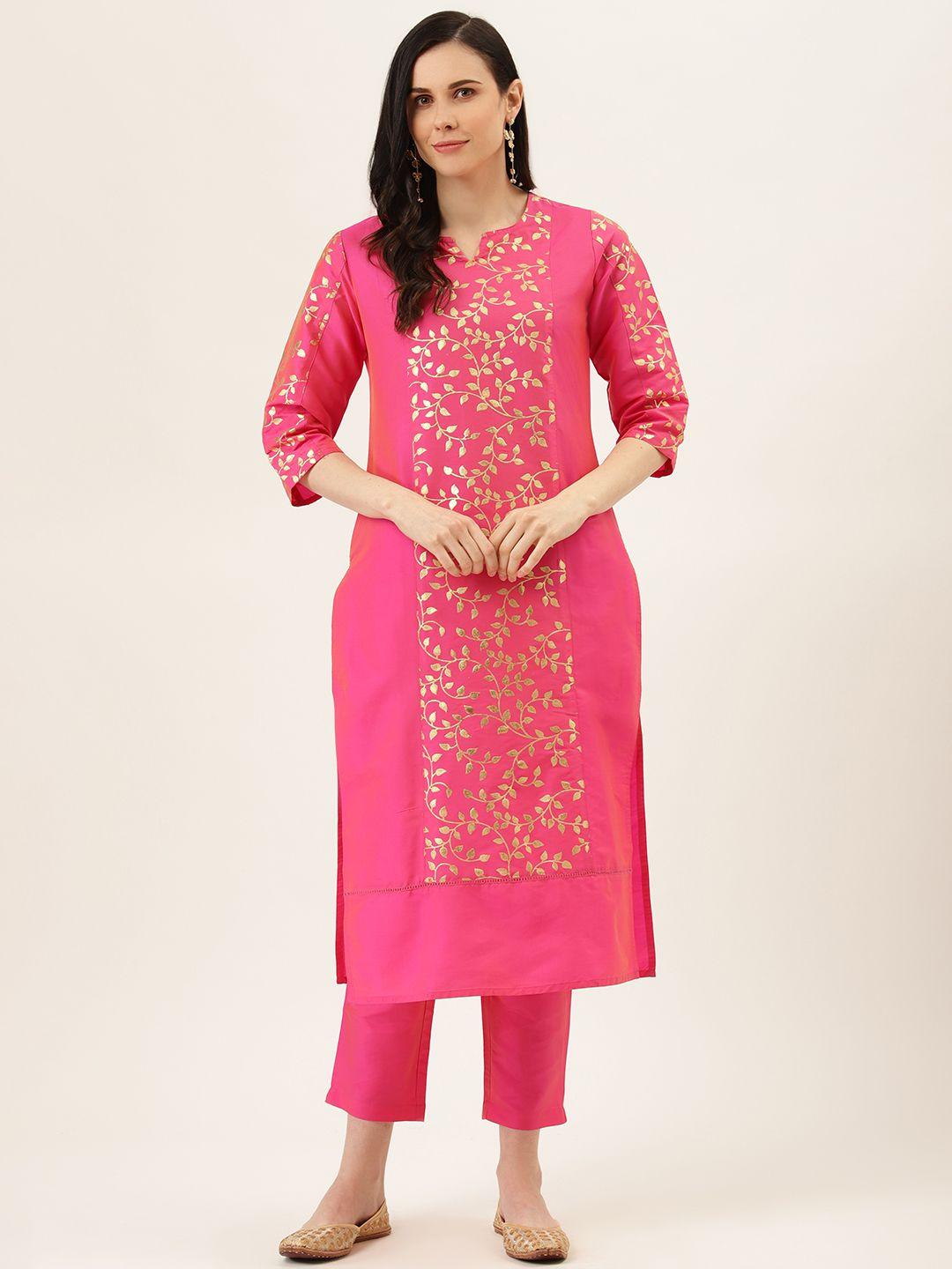 Jaipur Kurti Women Pink & Golden Ethnic motif Print Handloom Kurta with Trousers