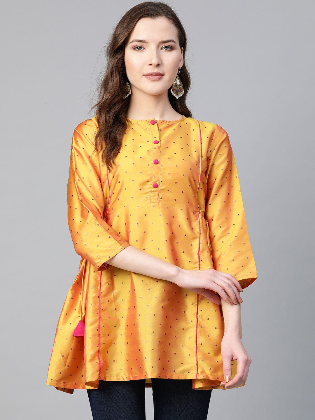 Bhama Couture Women Yellow Woven Design A-Line Tunic