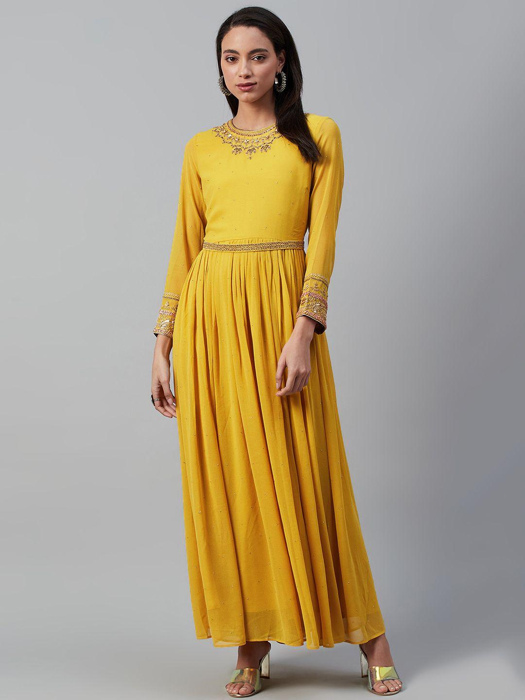 WISHFUL Women Mustard Yellow Embellished Detail Maxi Dress
