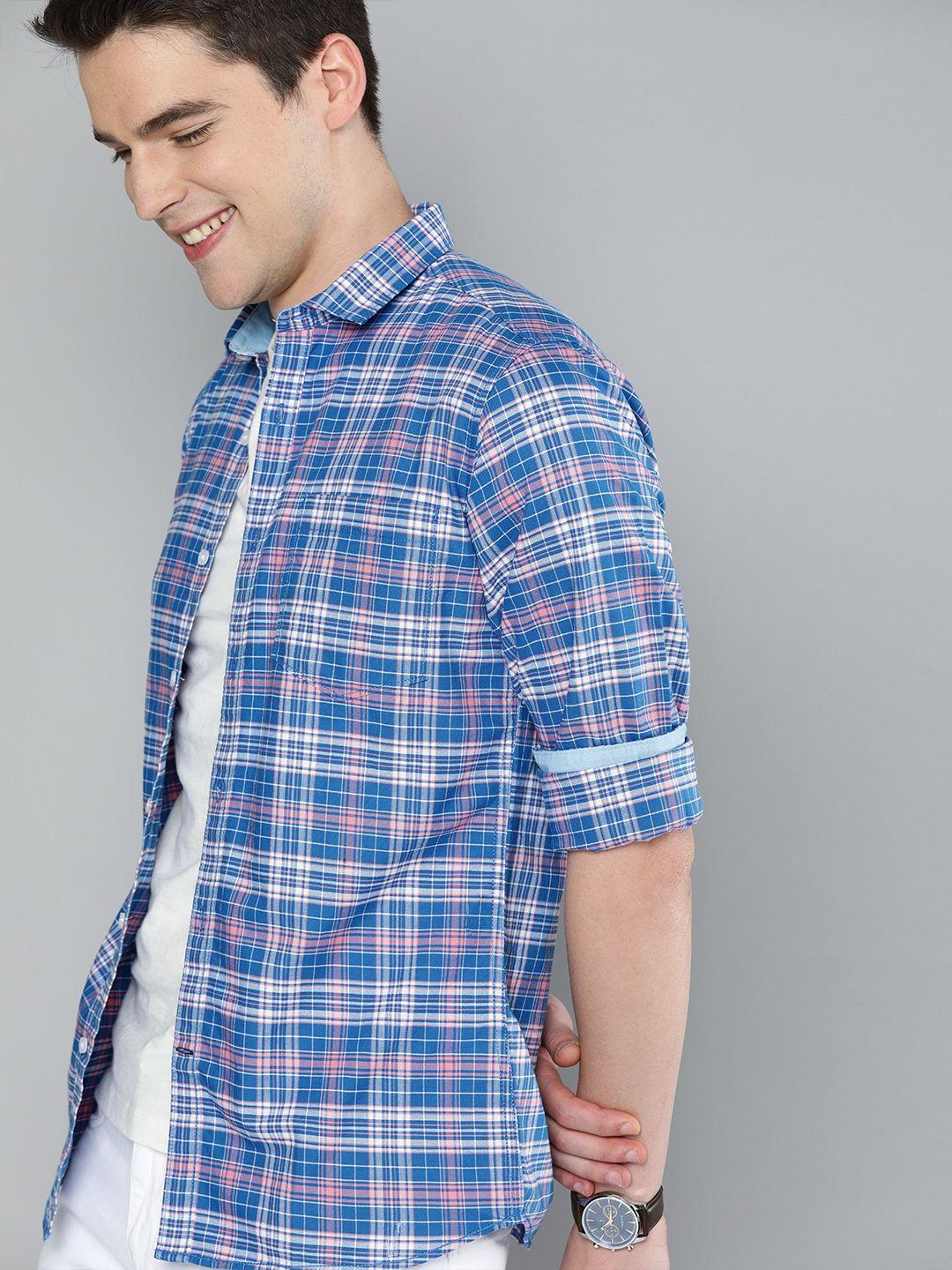 Mast & Harbour Men Blue & White Regular Fit Checked Casual Sustainable Shirt